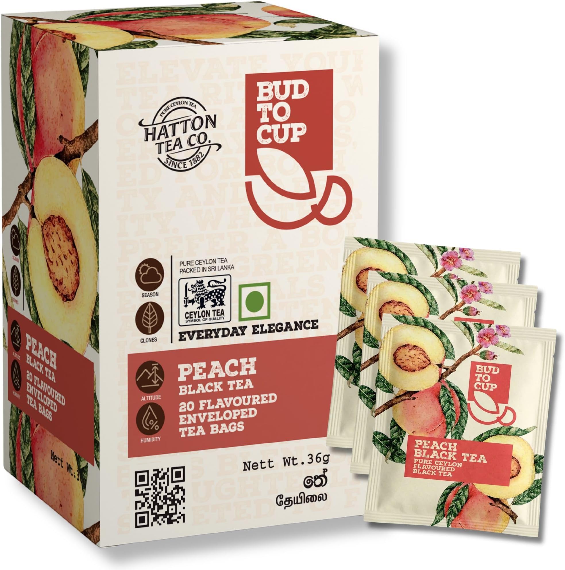 Ceylon Black Tea Bags, Peach Flavored – Pure Sri Lankan Estate Tea, Naturally Infused Fruit Flavor, 20 Individually Wrapped Bags