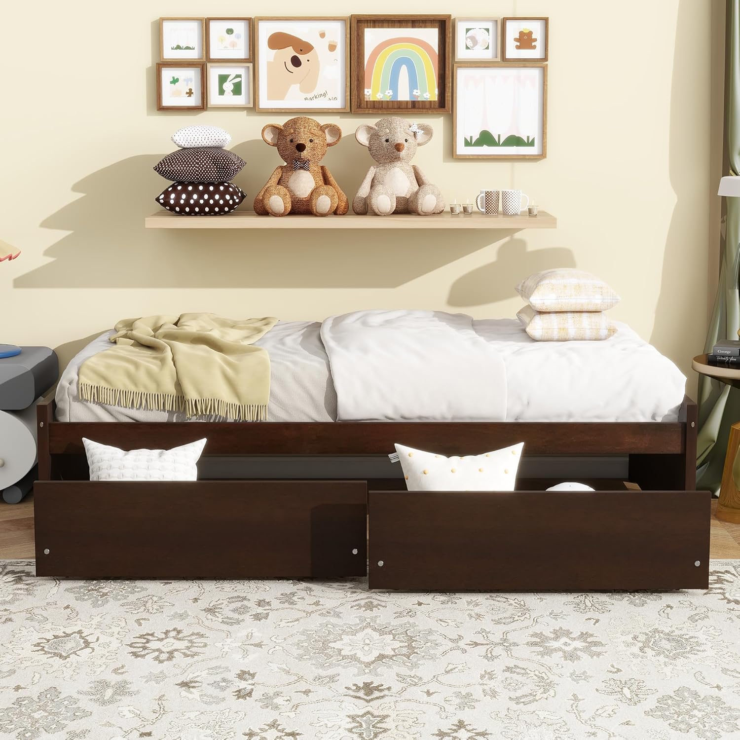 Merax Twin Bed Frame with 2 Storage Drawers for Kids, Twin Platform Bed Frame Corner Bed with No Headboard, Solid Wood Frame, No Box Spring Needed, Espresso