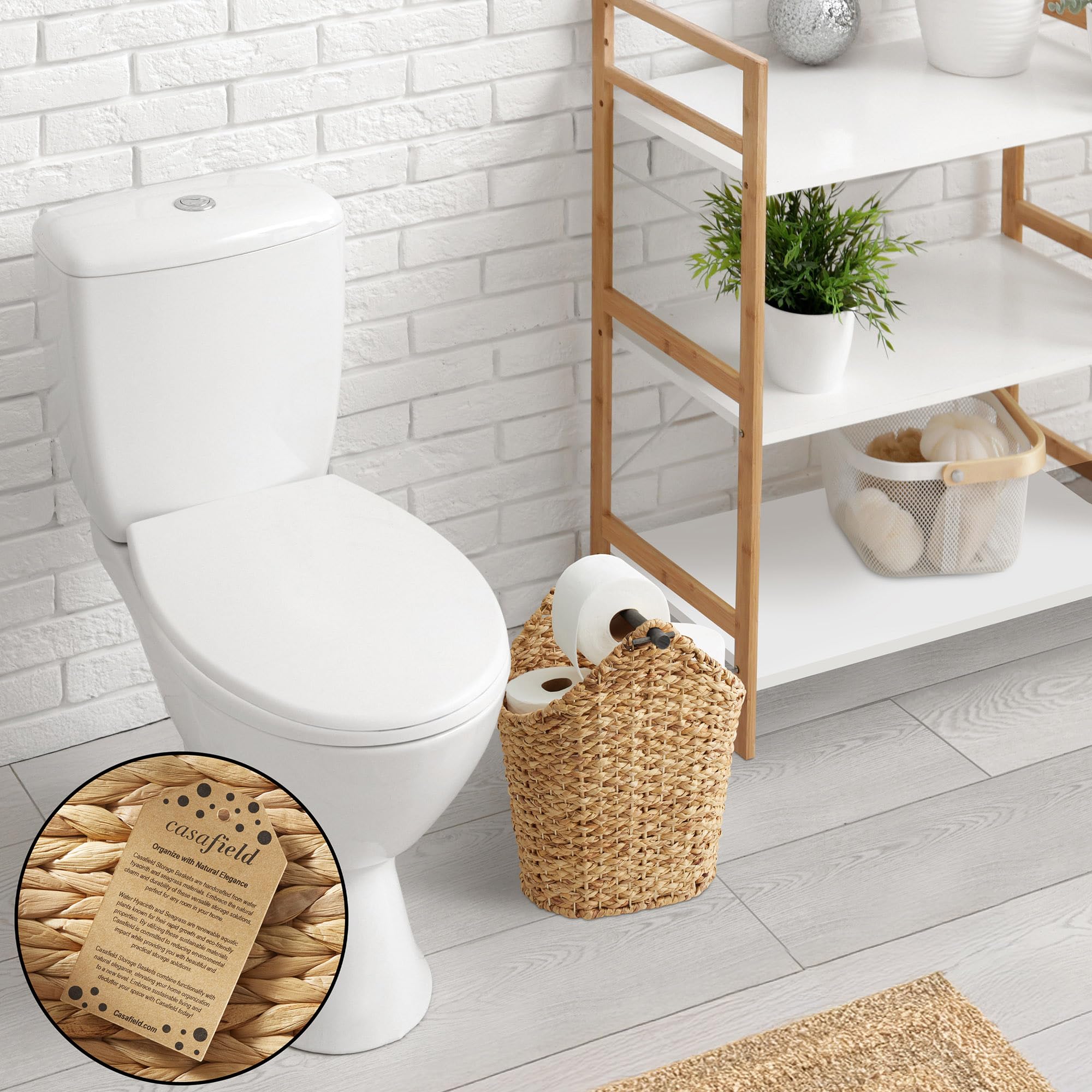 Casafield Toilet Paper Storage Basket with Wood Roll Holder Bar - Natural, Braided Water Hyacinth Wicker Bathroom Tissue Storage Organizer