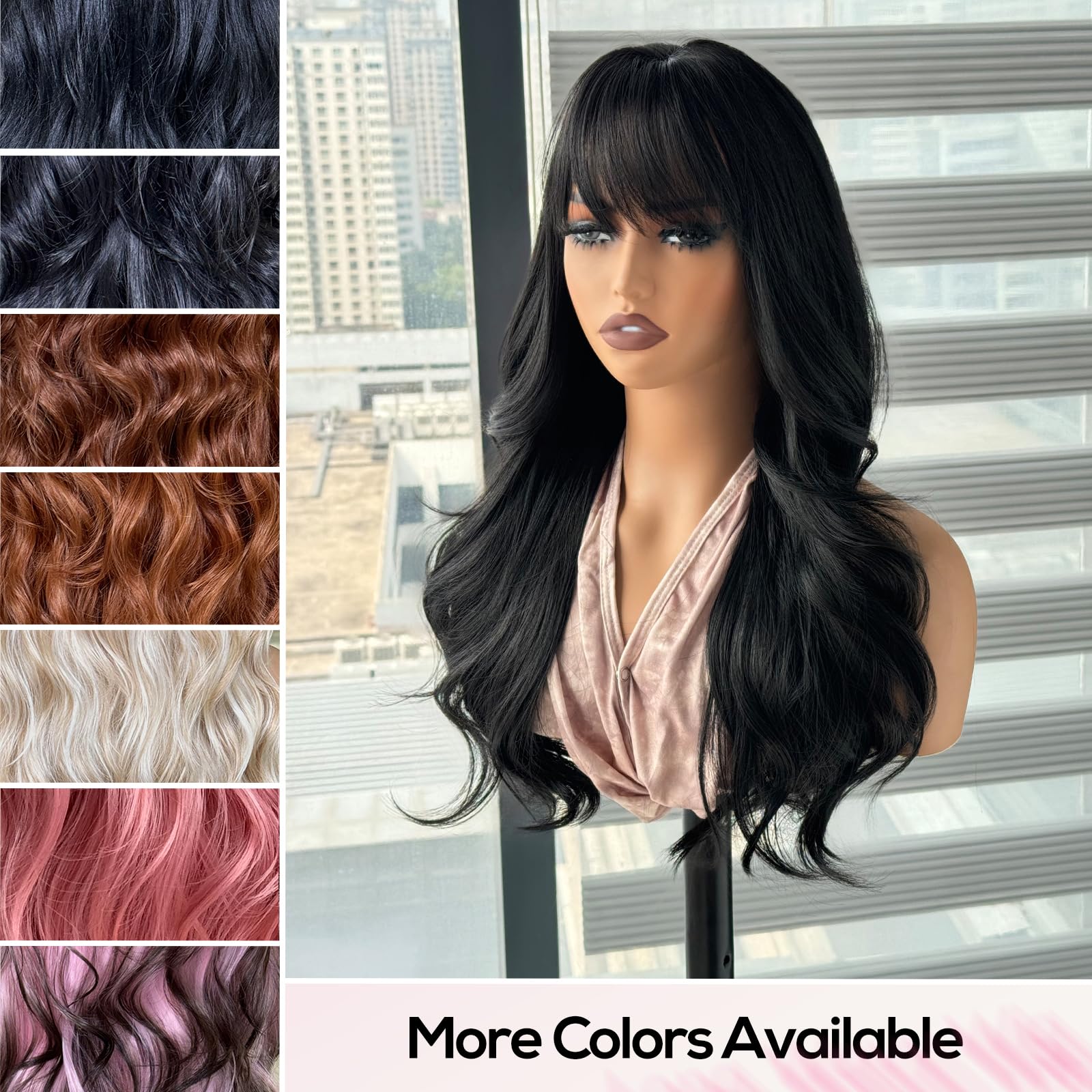 Synthetic Wavy Wig With Bangs Heat Resistant Natural Look Daily Wear Amazon.com : topshe Long Black Wavy Wig With Bangs for Women  main image 2