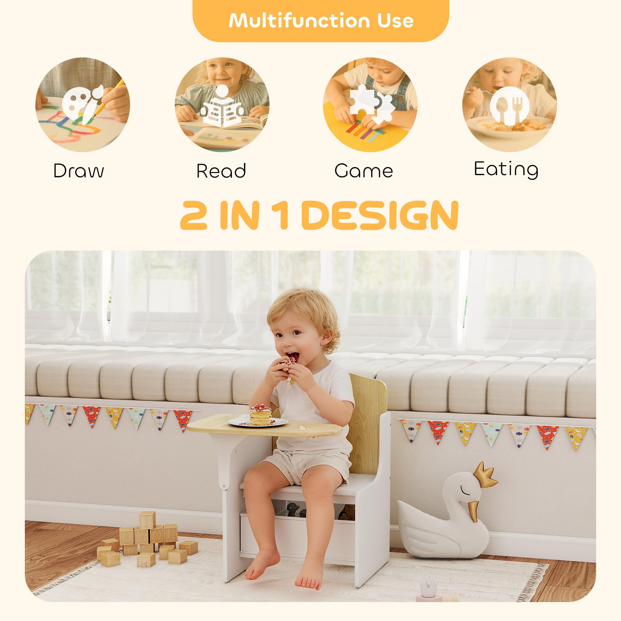 AIYAPLAY Juego de Mesa y Silla para Niños, Escritorio y Silla para Niños con Cubos de Almacenaje, Escritorio para Niños 2 en 1 para Jugar, Leer, Pintar, Juego de Mesa de Actividades para 3-5 Años,