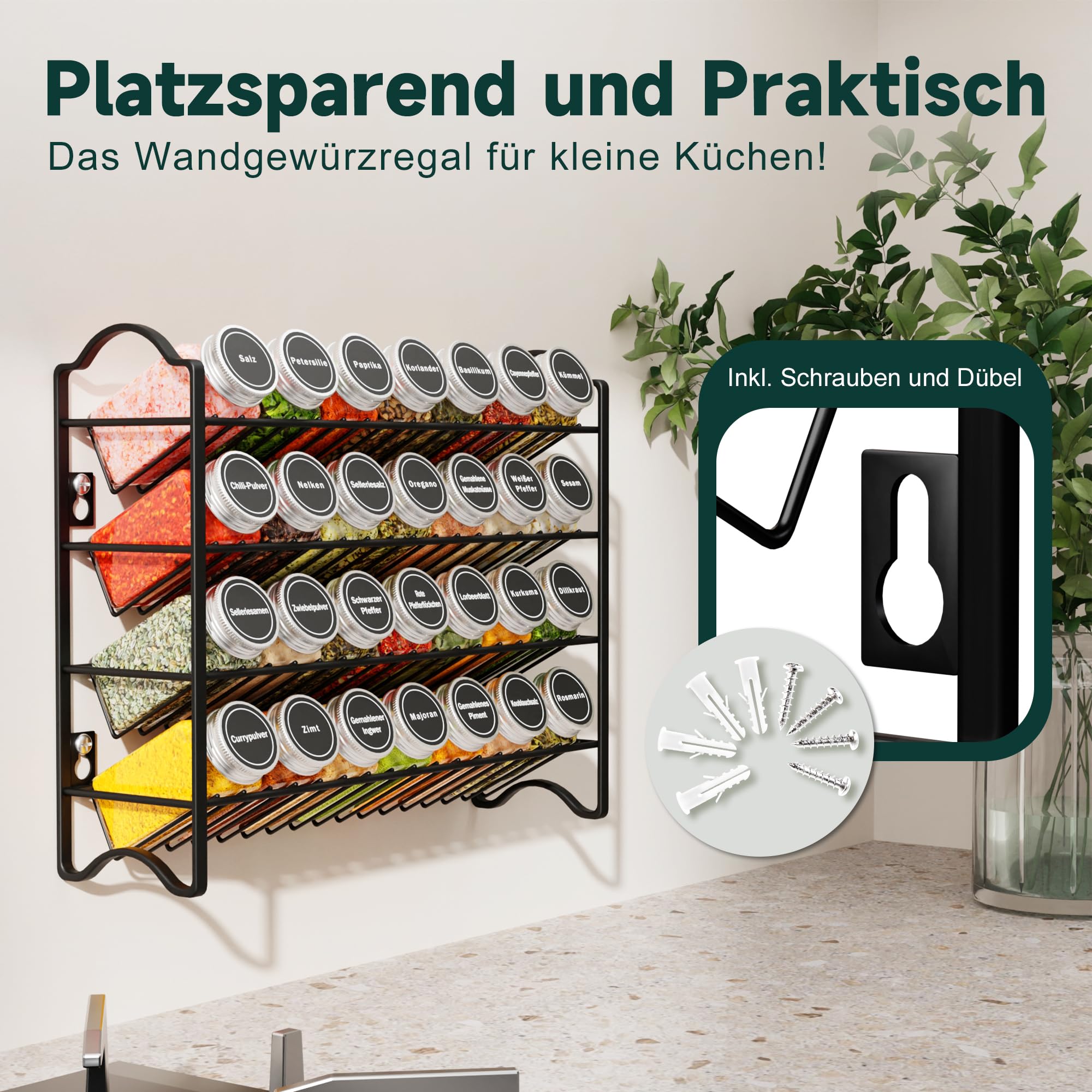 Gewürzregal Set mit 28 Gewürzgläsern & 120 Etiketten - Gewürz Organizer für Küche & Schrank - Gewürzregal Wand oder Stehend - Komplettes Gewürz-Aufbewahrungssystem (Schwarz)