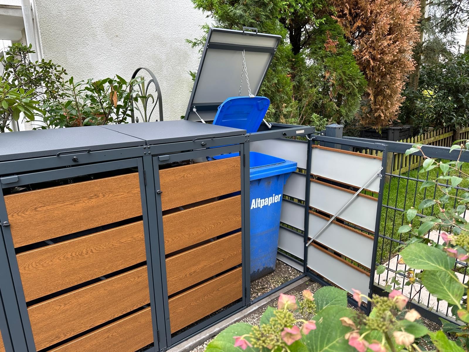 Mülltonnenbox 3er für 120 Liter Mülltonne | Golden Oak | Mülltonnenverkleidung | Mülltonnenhaus | Box für Mülltonnen | Mülltonnenunterstand | Mülltonneneinhausung