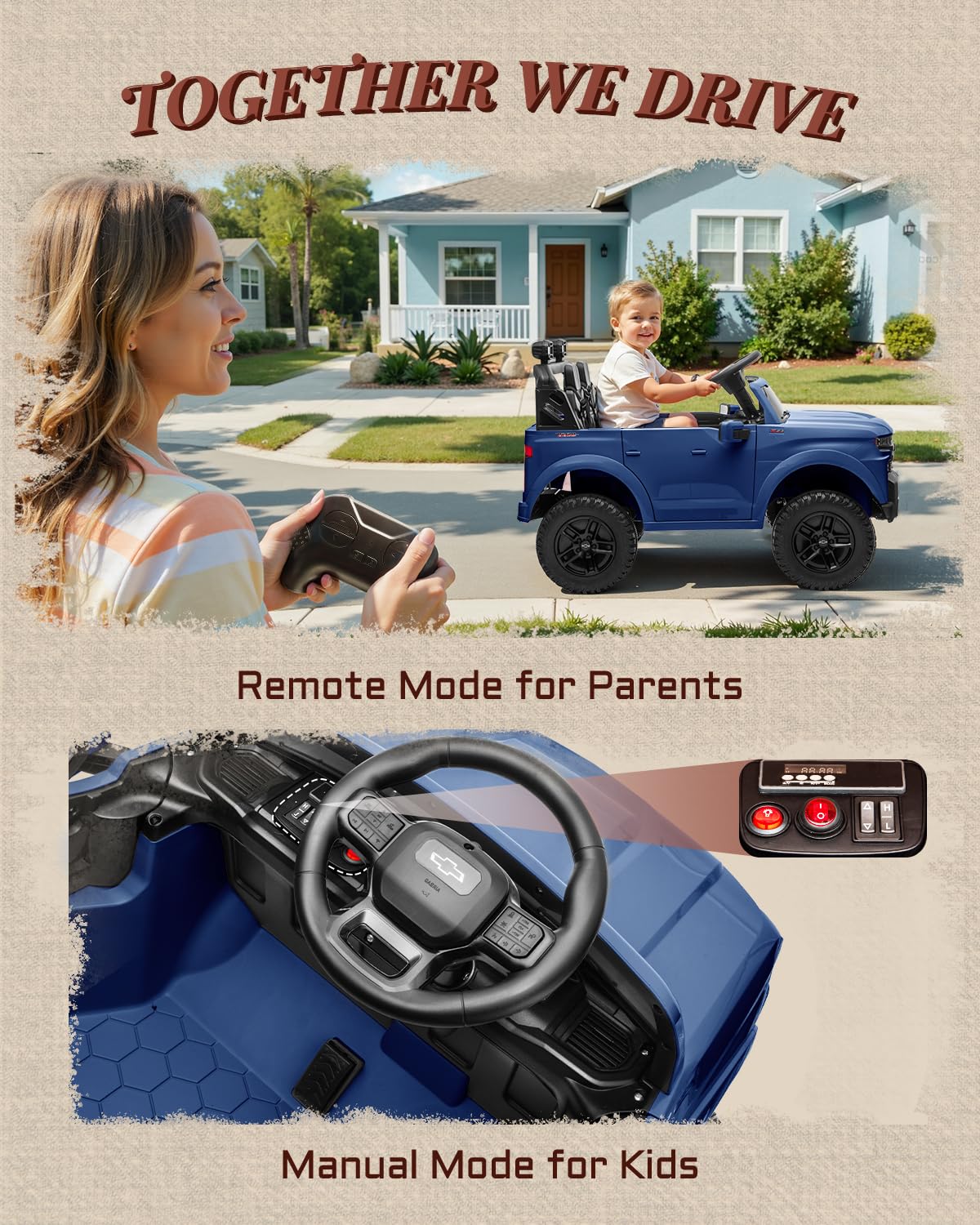 24V 2 Seater Ride on Toys Licensed Chevrolet Silverado, Electric Vehicle with Remote Control and Seat Belts, Electric Ride On Truck wtih Trunk, Bluetooth and LED Lights (Blue)