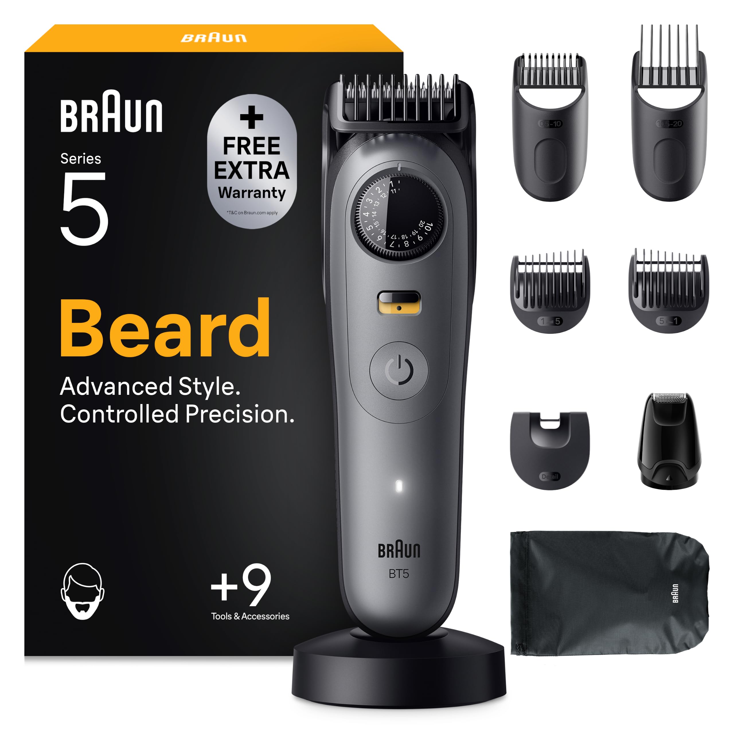 Braun Barttrimmer Series 5, Kabelloser Bartschneider Herren, BT5565, Grau