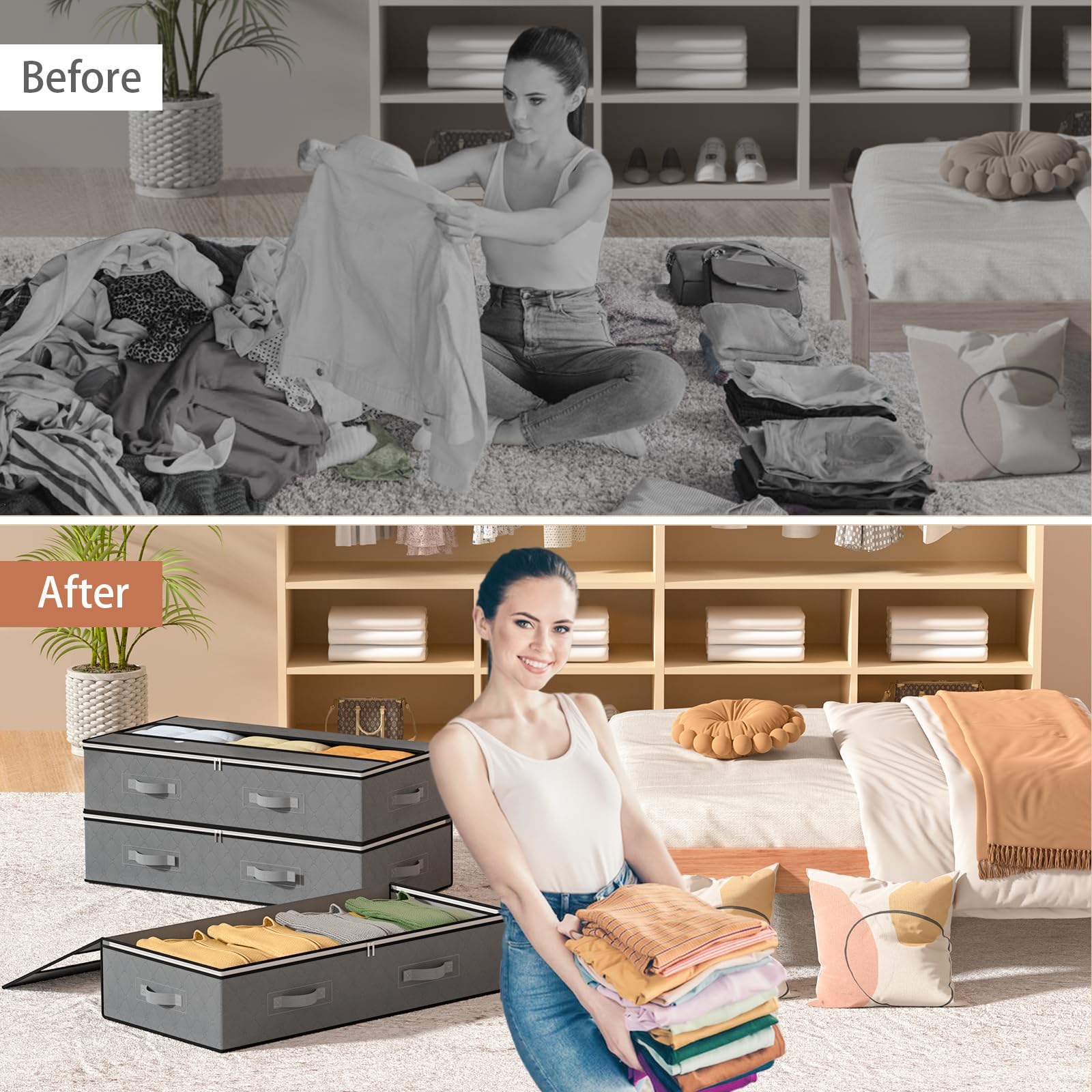 GoMaihe Bolsa De Almacenamiento De Ropa 4 Piezas, Cajas Almacenaje Ropa De Armario No Tejido De Gran Capacidad, Organizador De Transpirable Con Cremallera Robusta, Edredon De Edredon, Manta, Gris