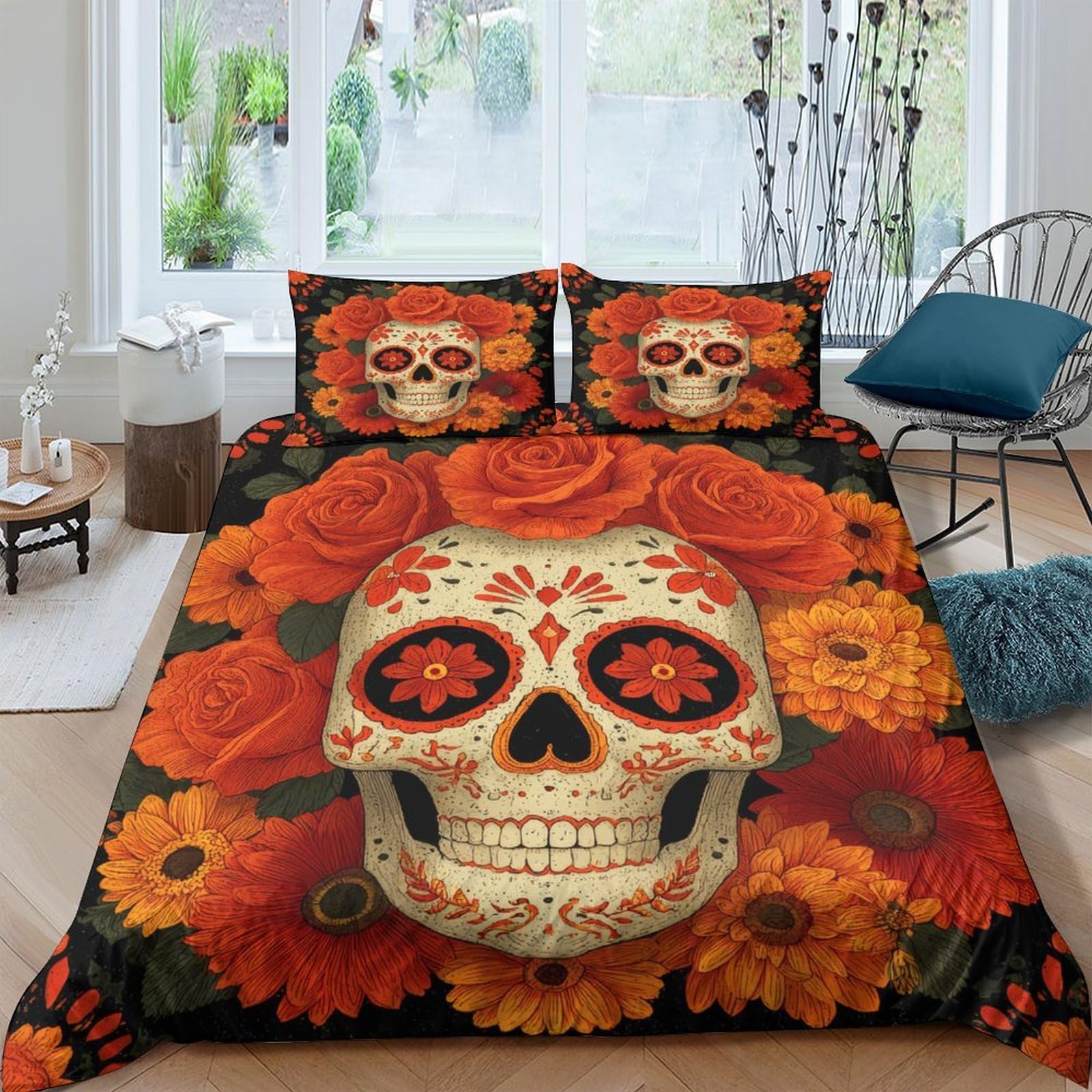 Ctjqhvkz Style-10 3D Printed Sugar Skull Fitted Sheet Microfiber Red Floral Day Of The Dead Mattress Cover For Bedroom Decor Single（135X200cm）