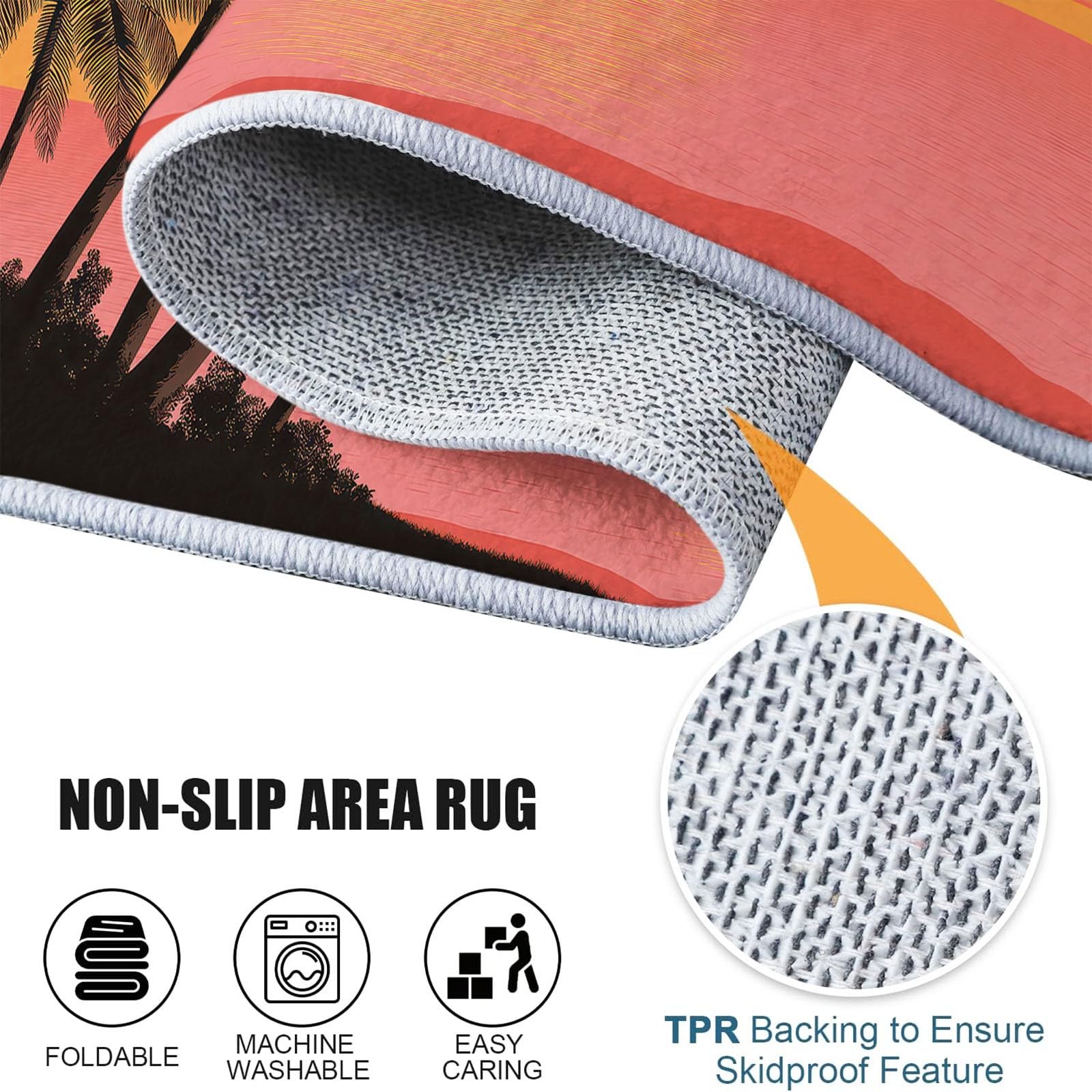 Teppich Rund 120 cm, Mehrfarbig Weich und Flauschig Teppich, Gegend Kreis rutschfest Waschbar Modern Strand Sonnenuntergang Palmen Bedruckt Bodenteppich für Wohnzimmer Schlafzimmer