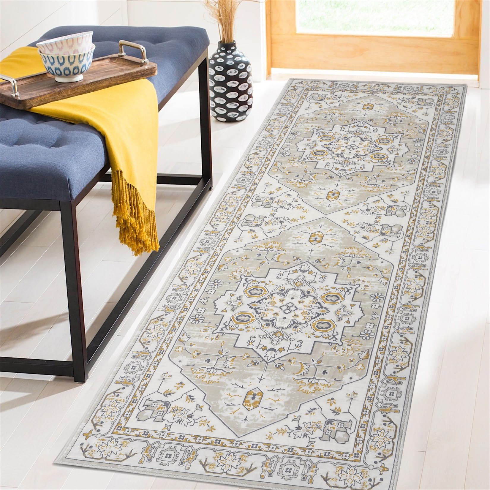 LuxFocusHallway Runner, Washable Non-Slip Rug, Vintage Floor Mat with Floral Pattern for Entrance Area, Dirt-Repellent Carpet Runner for Hallway, White/Beige, 60 x 230 cm