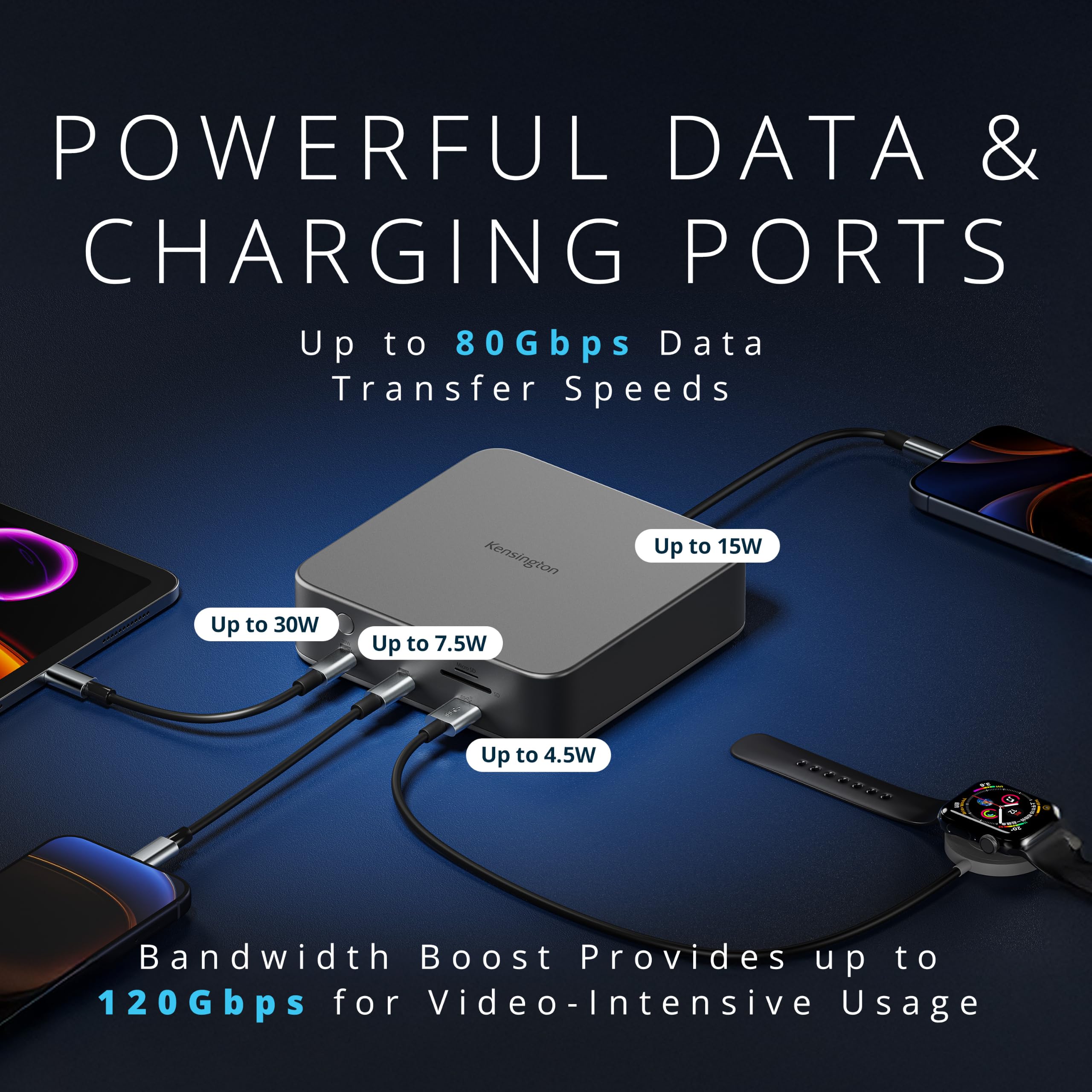Station d'accueil Kensington SD5010T5 EQ Thunderbolt 5, Triple écran 4K ou Double 8K, PD 140 W, SD/MicroSD, 2 Ports TB5, Ethernet, USB-A 3.2 Gen 2, Gris sidéral (K35231EU)