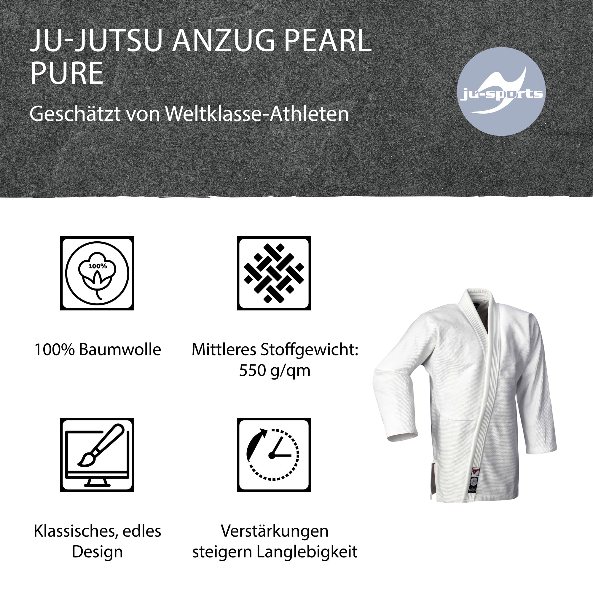 Ju-Sports BJJ Gi Pearl Pure weiß - Schmal geschnittener Brazilian Jiu Jitsu Anzug für Herren, 100% Baumwolle, Stoffgewicht 550 g/qm in Pearl-Webung