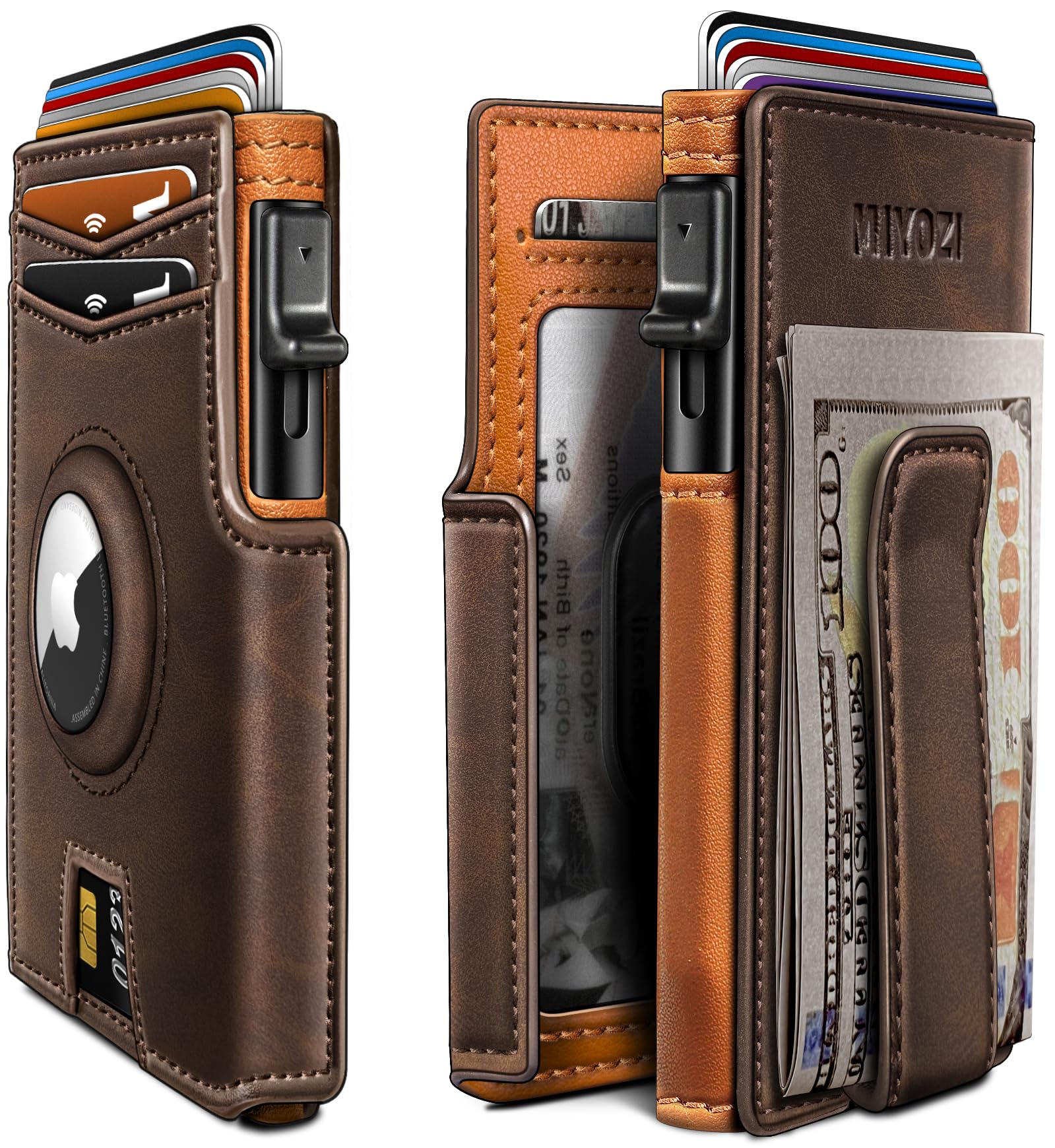 Airtag Wallet for Men,with Money Clip 10 Cards Metal Case Smart Slim Pop Up Credit Card Holder Flip with Magnetic Closure RFID Blocking wallet with Gift Box Coffee035