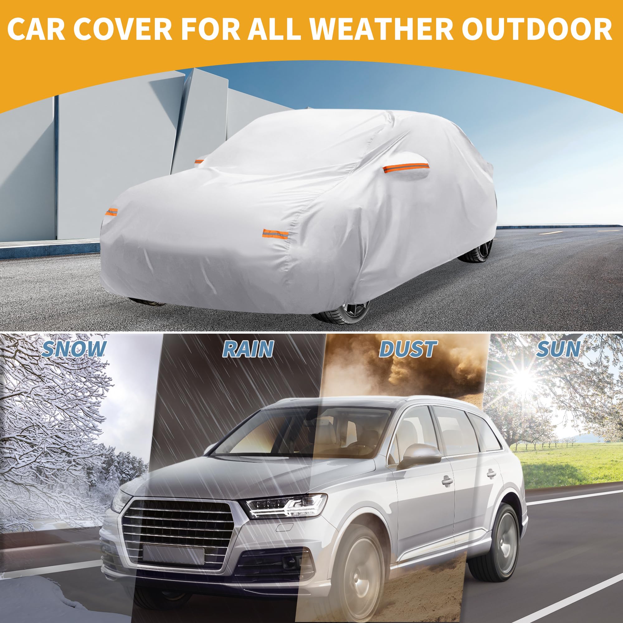 Partuto Waterproof All-Weather Universal Car Cover with Right Side Zipper 190T-PU Silver Tone Fits for Sedan 177 - — view 2