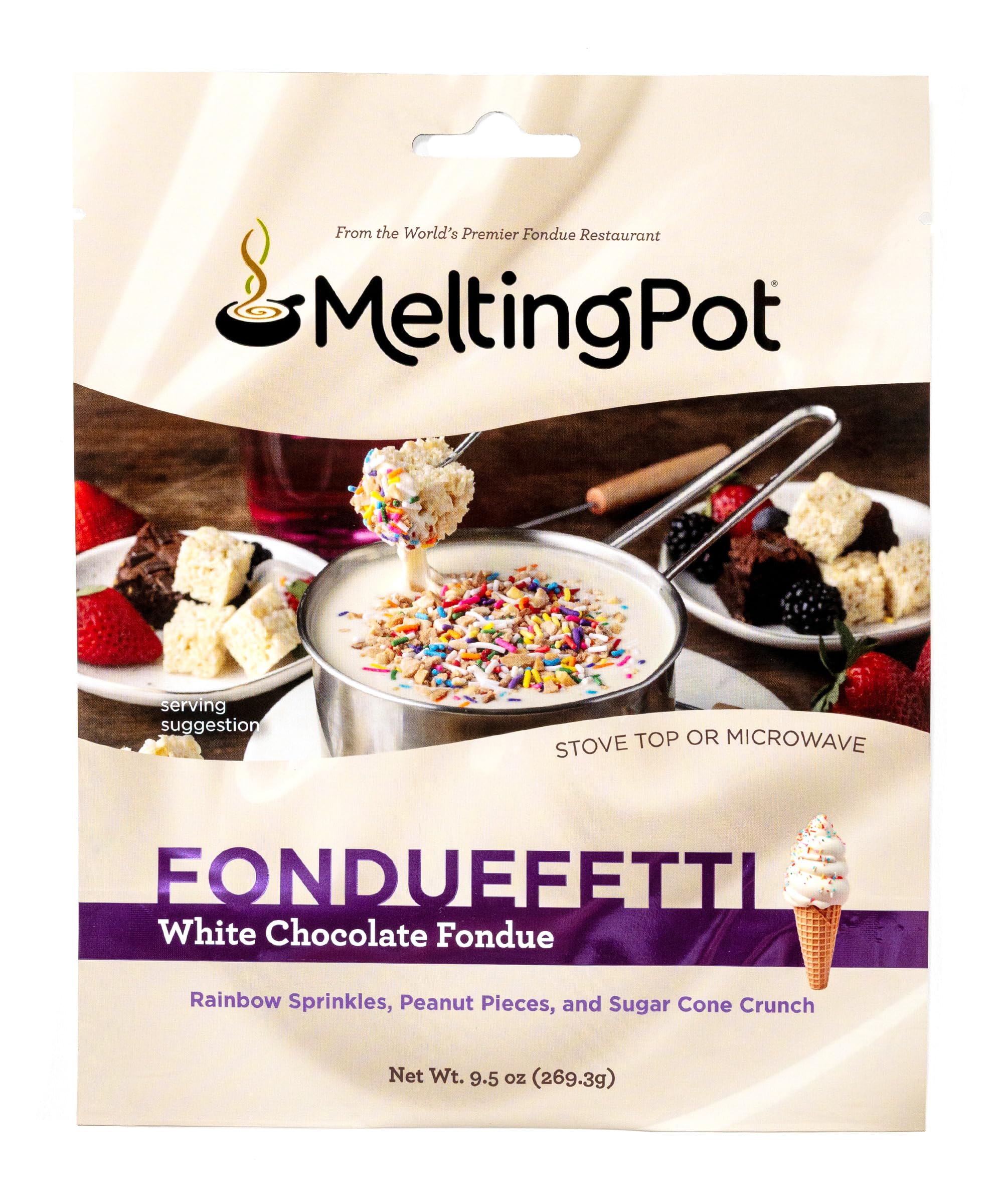 Melting Pot Chocolate Fondue; Mini Wafers For Melting, White Chocolate Fonduefetti (Rainbow Sprinkles, Peanut Pieces, and Sugar Cone Crunch) Flavor, Pack of 3, 9.75oz Bags