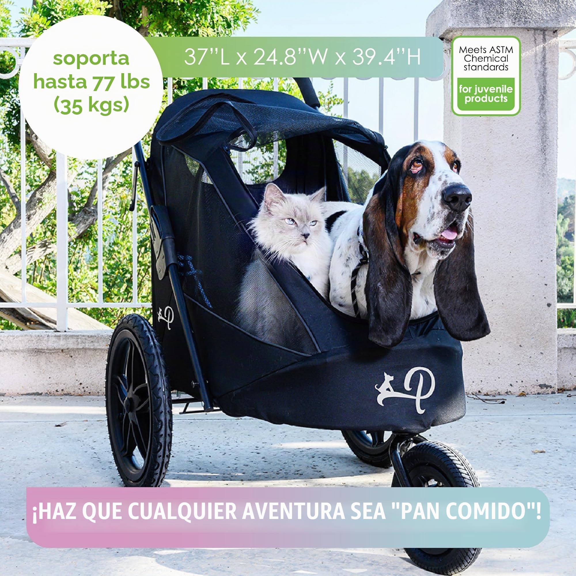 Petique Breeze Remolque para Bicicleta y Carrito de Mascotas | Se Pliega con Una Mano | Colchón, Freno Doble, Ruedas Aire 16"/8.5", Adaptador Bicicleta, Reflectores, 30kg Carga