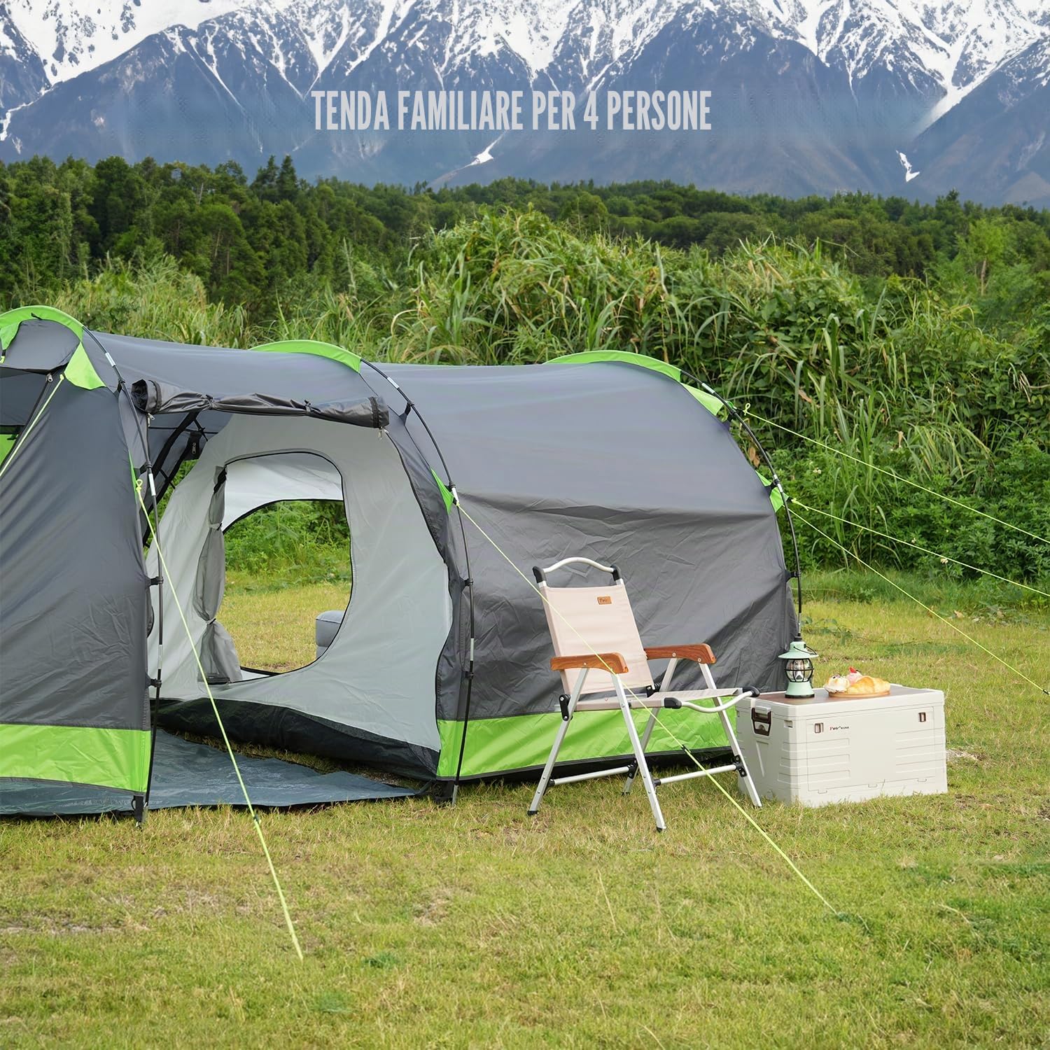 Tenda a tunnel per 4 persone, tenda Tipi, grande da campeggio con cabina letto, tenda familiare impermeabile, 3000 mm, tenda a 3 ingressi, tenda glamping con fondo rimovibile