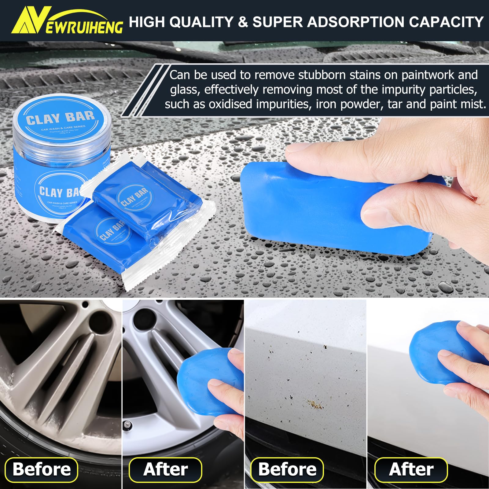 Barra de arcilla para coche, 4 unidades, 400 g, Auto Car Clay Bar Bares de arcilla limpios para limpieza de coche, descontaminación del coche, cuidado de la pintura y limpieza del vidrio (1, azul)