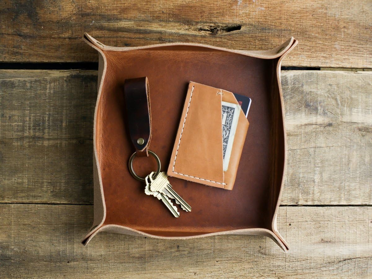 Horween Leather Valet Tray in English Tan | Leather Catch All for Men | Travel Valet Tray Desk Organizer