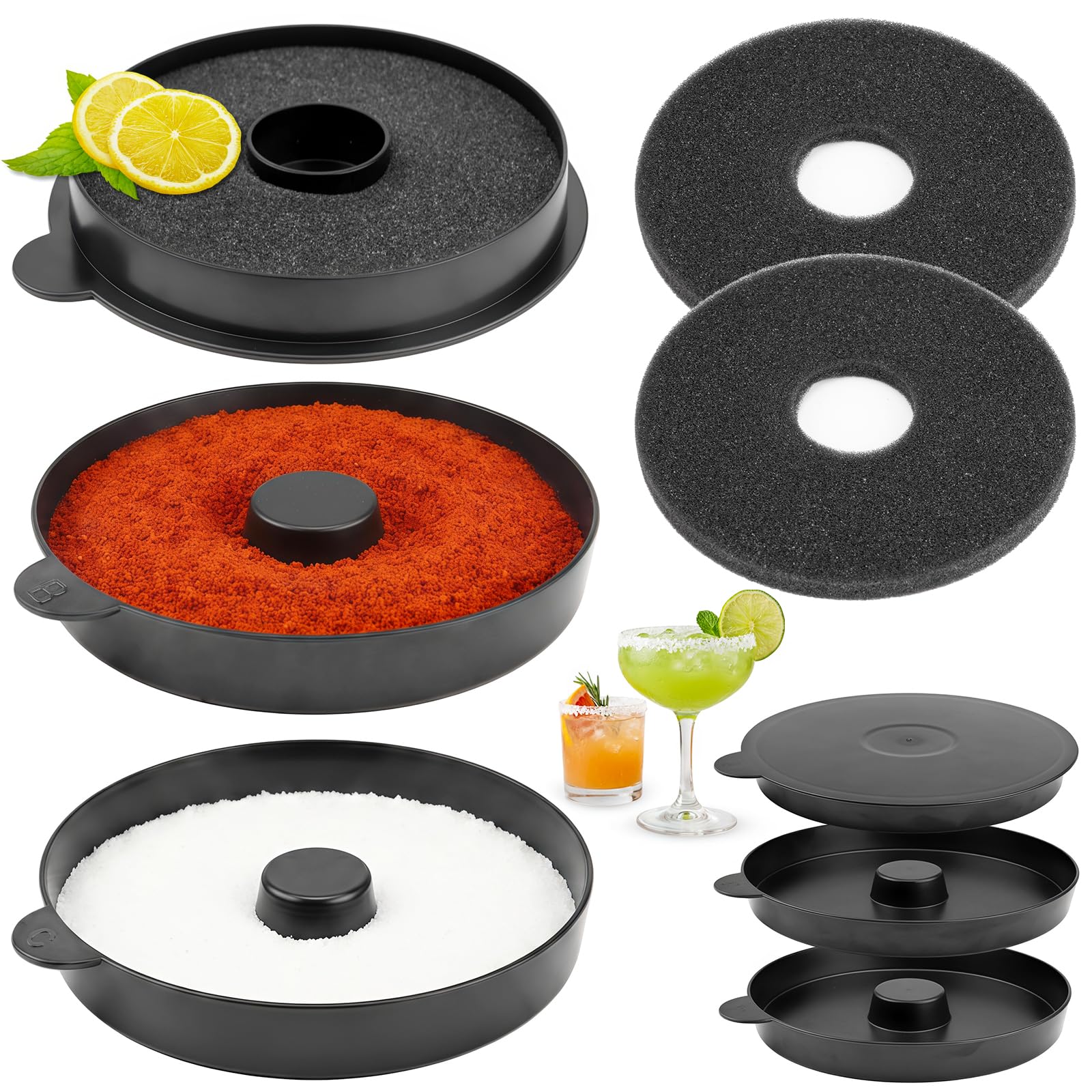 TonJin 3-Tier Margarita Salt Rimmer Set with 2 Sponges: Black Stackable Cocktail Glass Rimmer Holds Lime Juice Salt Sugar, Dishwasher Safe Bar Accessories for Bartenders and Home Bars — image 1