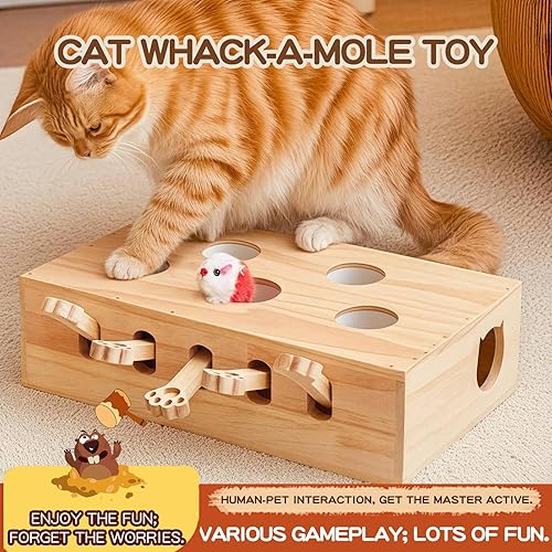 Miniatura 5 de Whack-a-mole - Juguete interactivo de madera para gatos de interior, caja de juguetes interactiva para mascotas, rompecabezas para gatos de todas