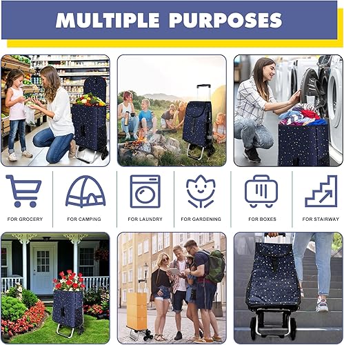 Miniatura 5 de Honshine Carrito de compras con 6 ruedas de goma carrito de comestibles para subir escaleras con bolsa grande impermeable extraíble y asa ajustable