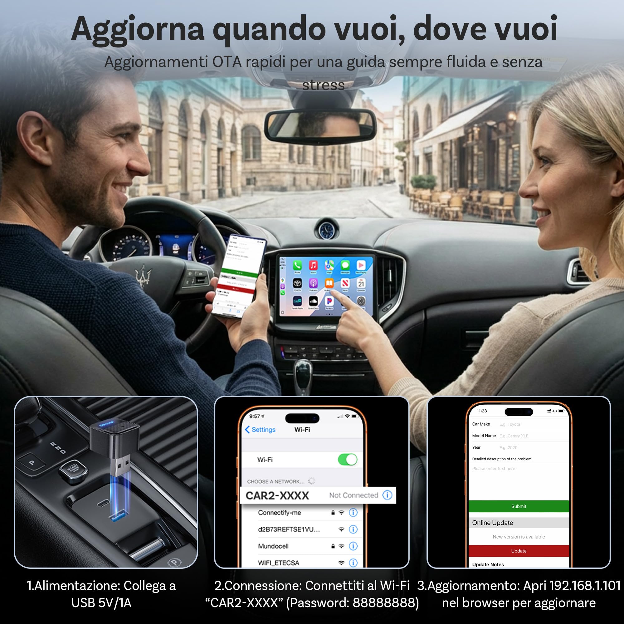 OTTOCAST Mini Core Adattatore Wireless 2 in 1 per CarPlay e Android Auto, Dongle Compatto con Wi-Fi 6 e Bluetooth 5.4, Pulsante Smart Switch, Connessione Automatica