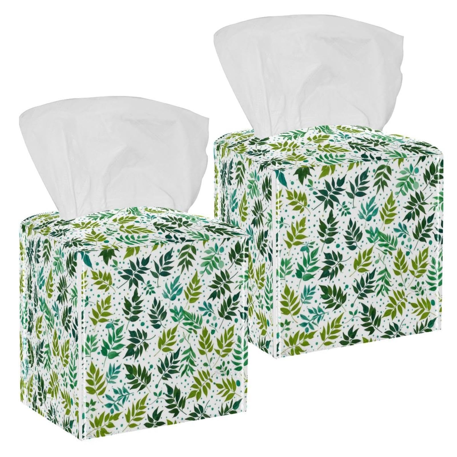 Artistic Leaves Tissue Box Cover, 2 Pack PU Leather Square Facial Tissue Dispenser Box holder for Home Office Car