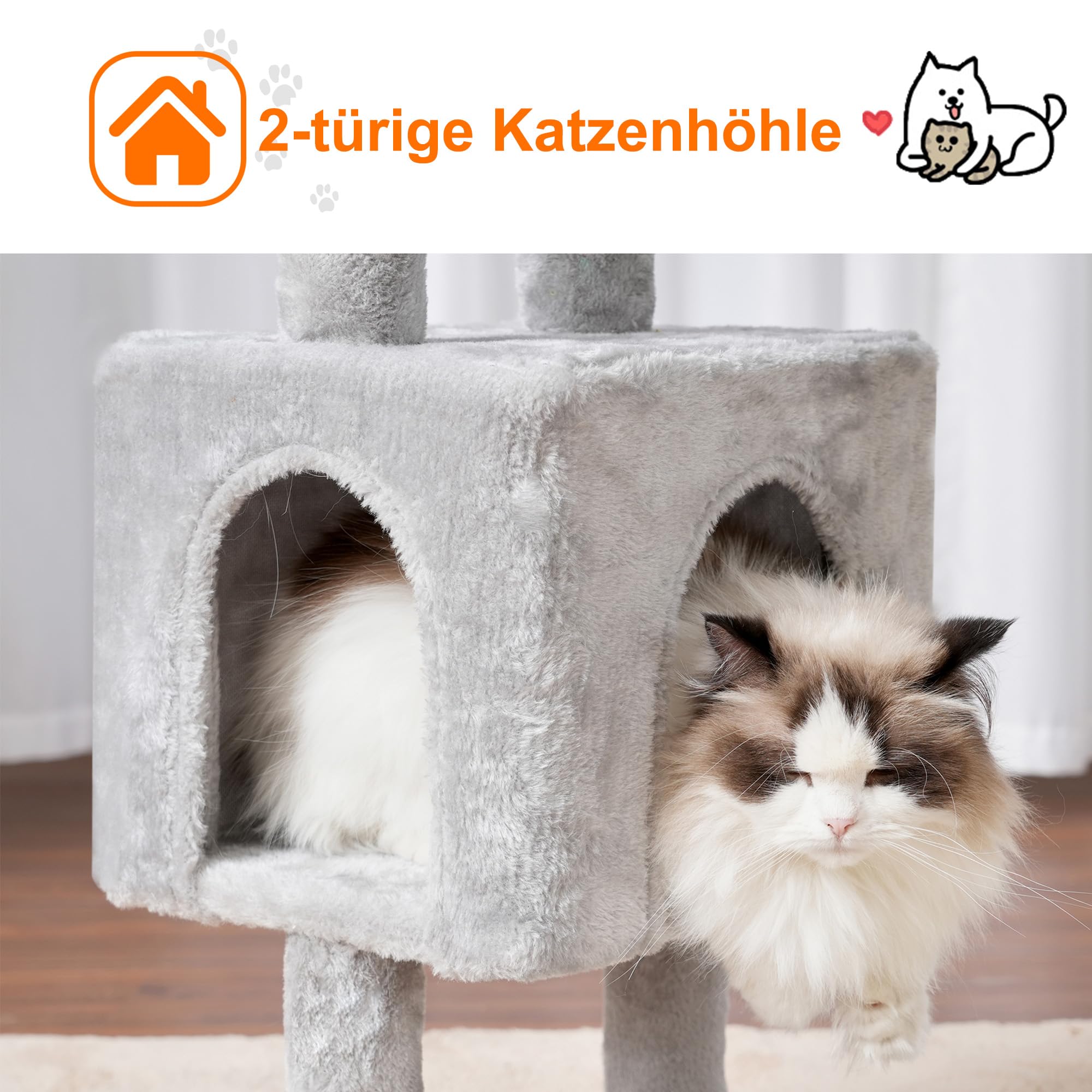 Heybly Kratzbaum, 100cm hoher Katzenbaum Kletterturm mit großer Plattform Oben, Höhle, 2 Hängematten, Katzenspielzeug, Katzenmöbel, Kletterbaum Aktivitätskratzbaum, Hellgrau HCT006SW