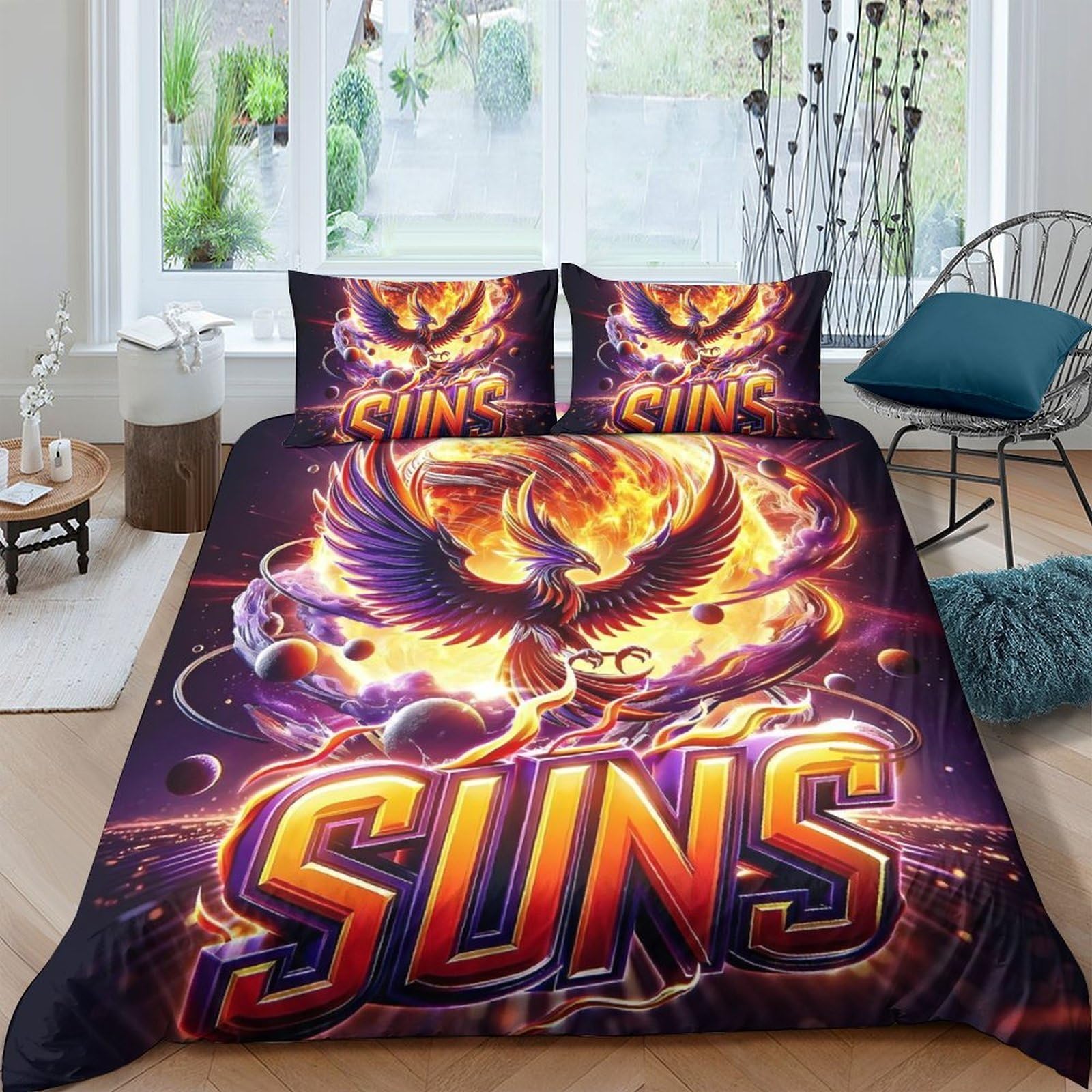 GPLZQXKJNH 3D Printed Phoenix Fire Duvet Cover Microfiber Soft Breathable Fantasy SUNS Bedding Set with 2 Pillowcases for Bedroom Decor Single（135x200cm）