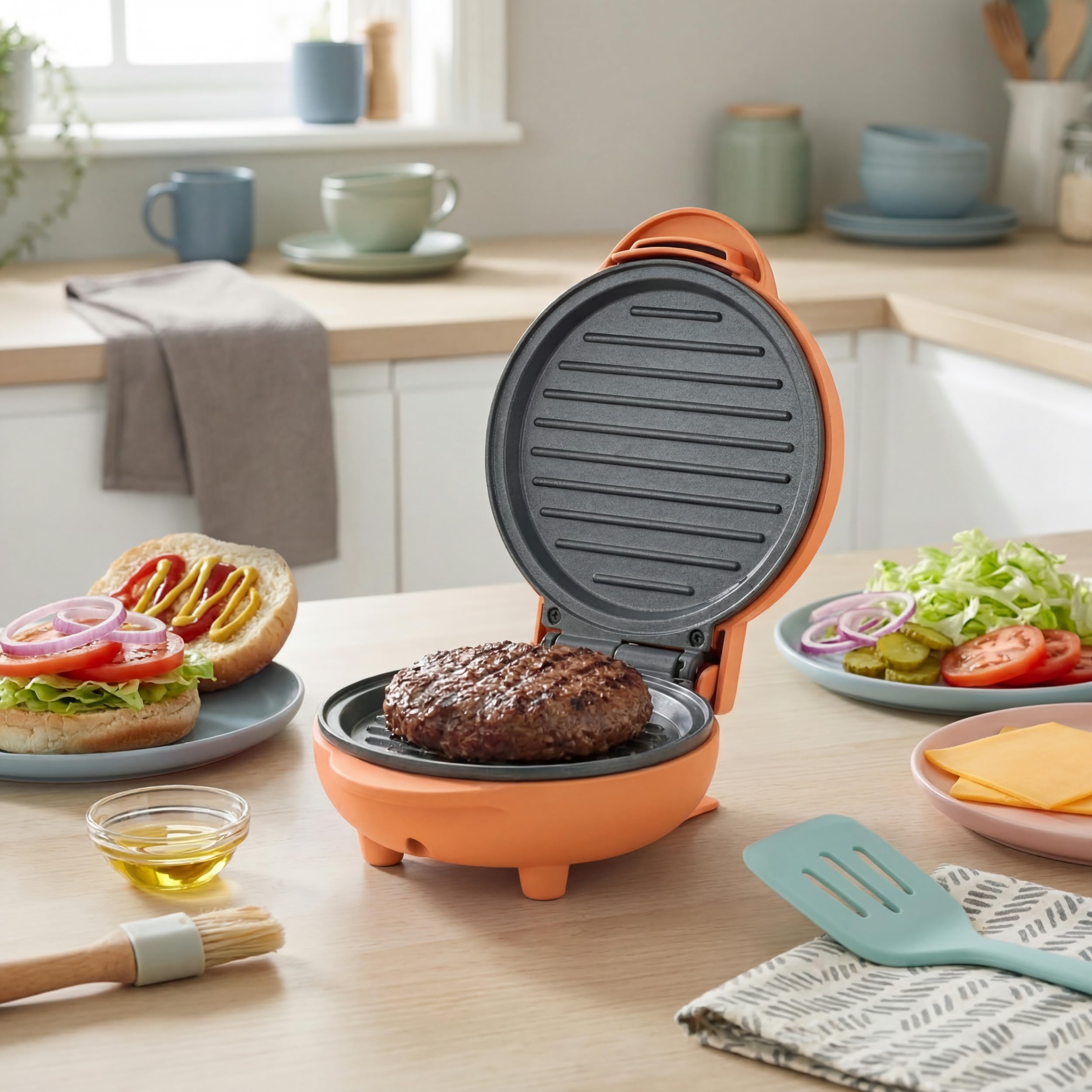 Giles & Posner Funfair Mini Griddle – Bez PFAS, nieprzywierające płyty do gotowania, gotowanie bez oleju, burgery, panini, muffiny śniadaniowe, 2 minuty nagrzewania, 11,5 cm, 55W, pomarańczowy