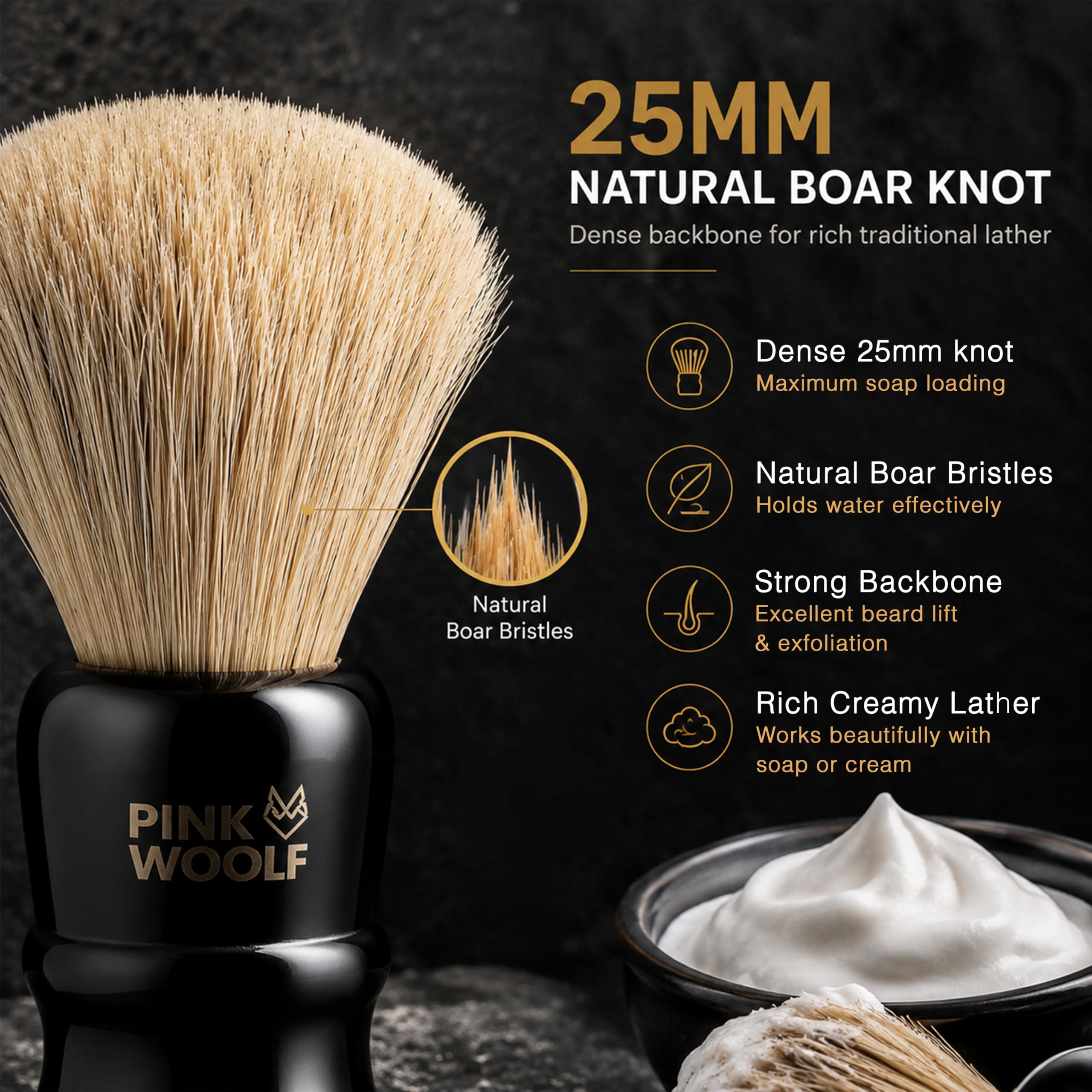 Pink Woolf Boar Shaving Brush for Men | Natural Bristles for Rich Lather & Gentle Exfoliation | Traditional Wet Shaving Brush for Soap & Cream (Shaving Brush (Black Acrylic Handle), 1)