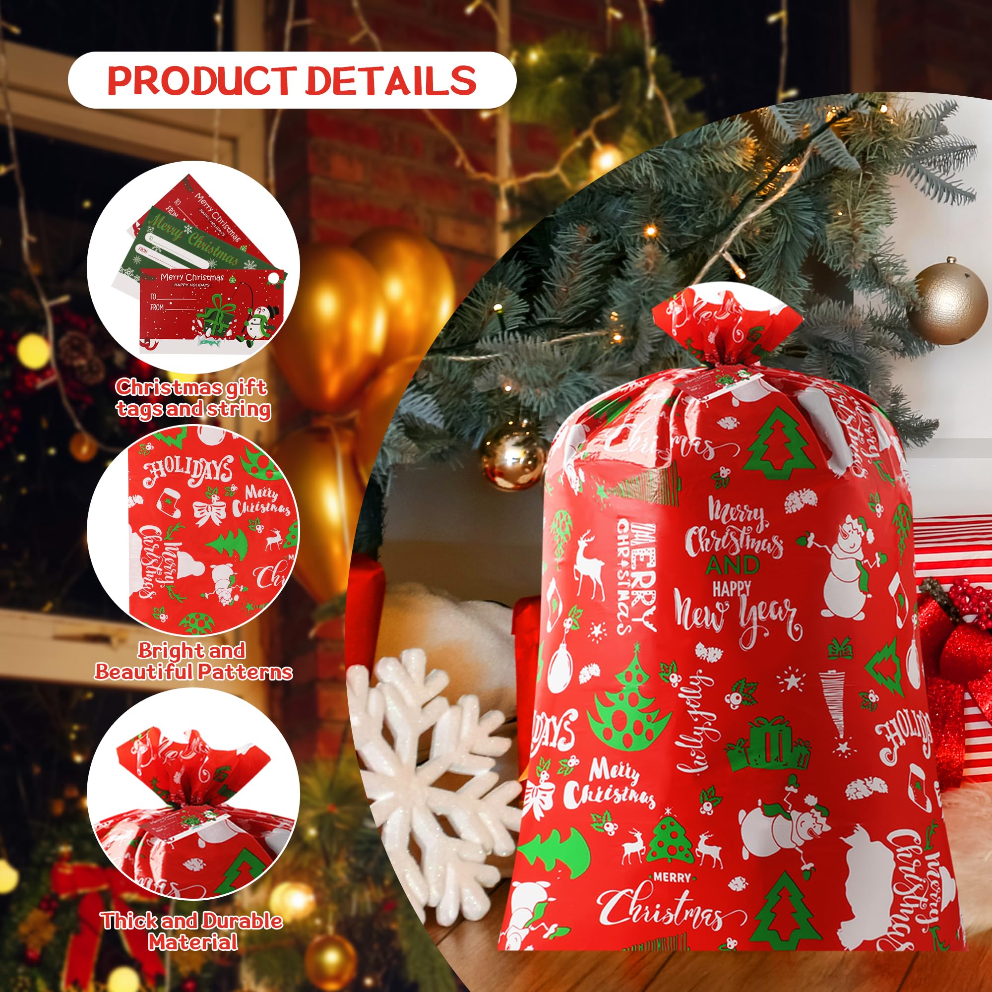YIGOYIHU 3PCS Extra Large Christmas Gift Bags - 56’’ x 36’’ Jumbo Christmas Gift Bags - Giant Gift Bag for Huge Gifts with Tag & Tie - Heavy Duty Plastic Big Xmas Sack for Holiday Huge Present