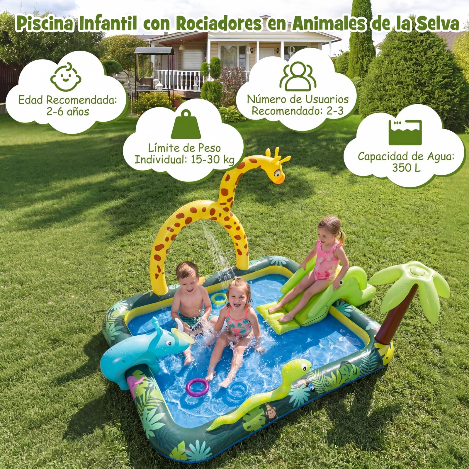 COSTWAY Piscina Hinchable Infantil con Tobogán, Rociador Jirafa y Lanzamiento Aros, 208x178x138 cm