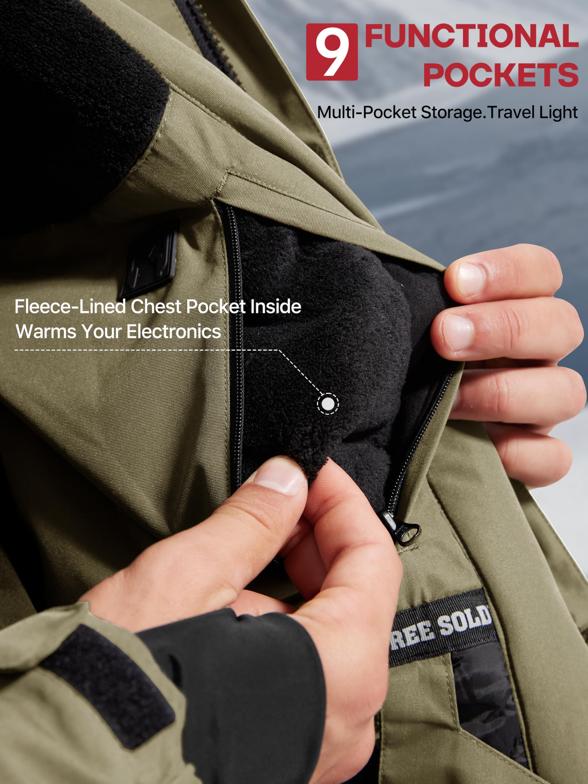 FREE SOLDIER Chaqueta de esquí impermeable para hombre, forro polar, abrigo de nieve cálido con capucha y costuras totalmente selladas