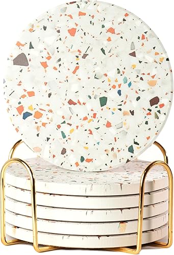 Juego de 6 posavasos absorbentes de mármol de terrazo con soporte, posavasos para bebidas, mesa de café, juego de posavasos, posavasos de mármol,