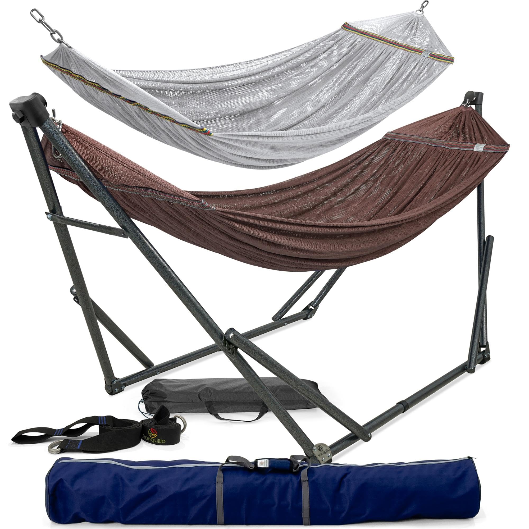 Tranquillo Hammocks with Stand for Outside &amp; Tree Straps, 2 Person - Brown