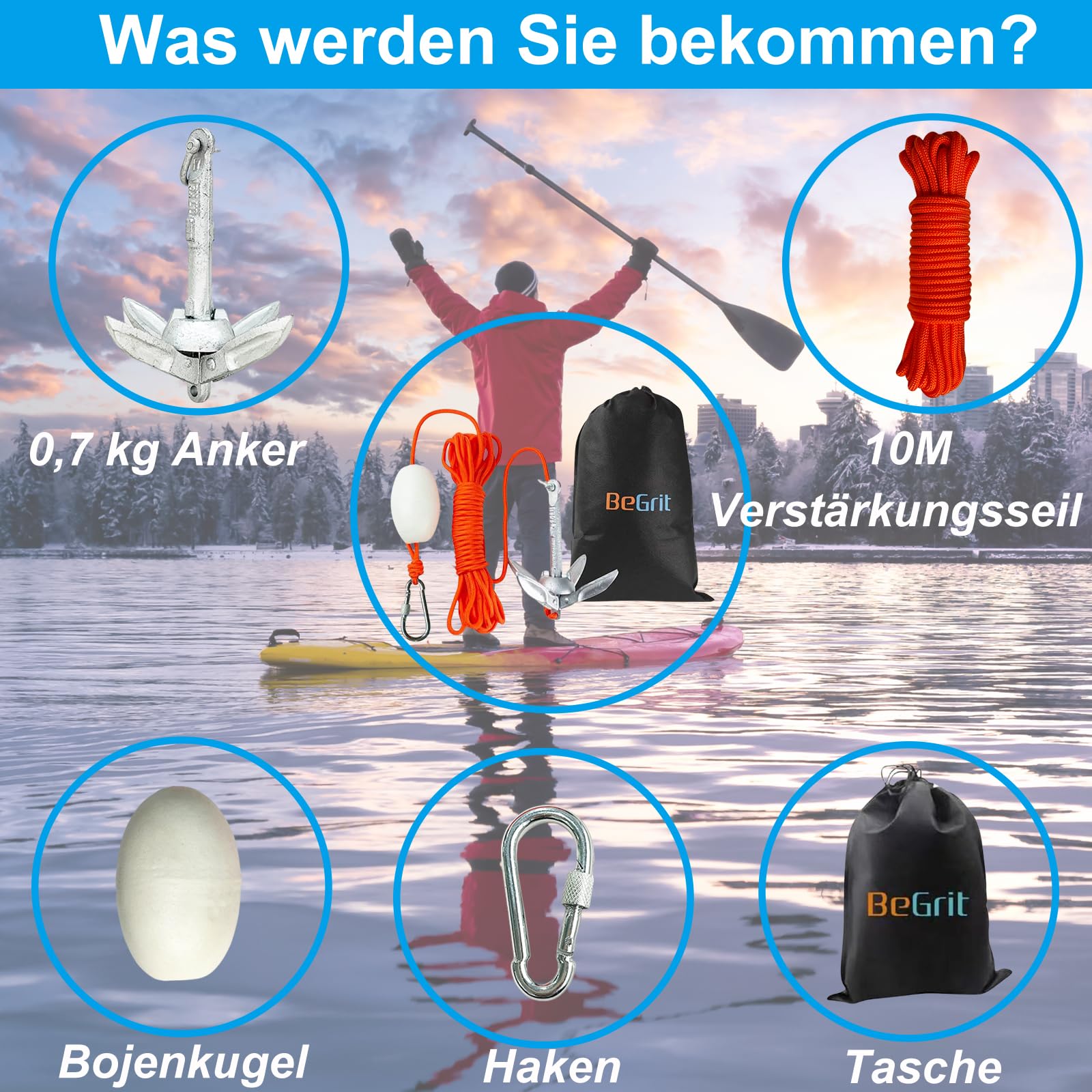 BeGrit 0,7Kg Anker Faltanker verzink Ankerset mit 10m reißfesten Ankerleine ø 6 mm & Ankerboje Kugel Set(Silber)