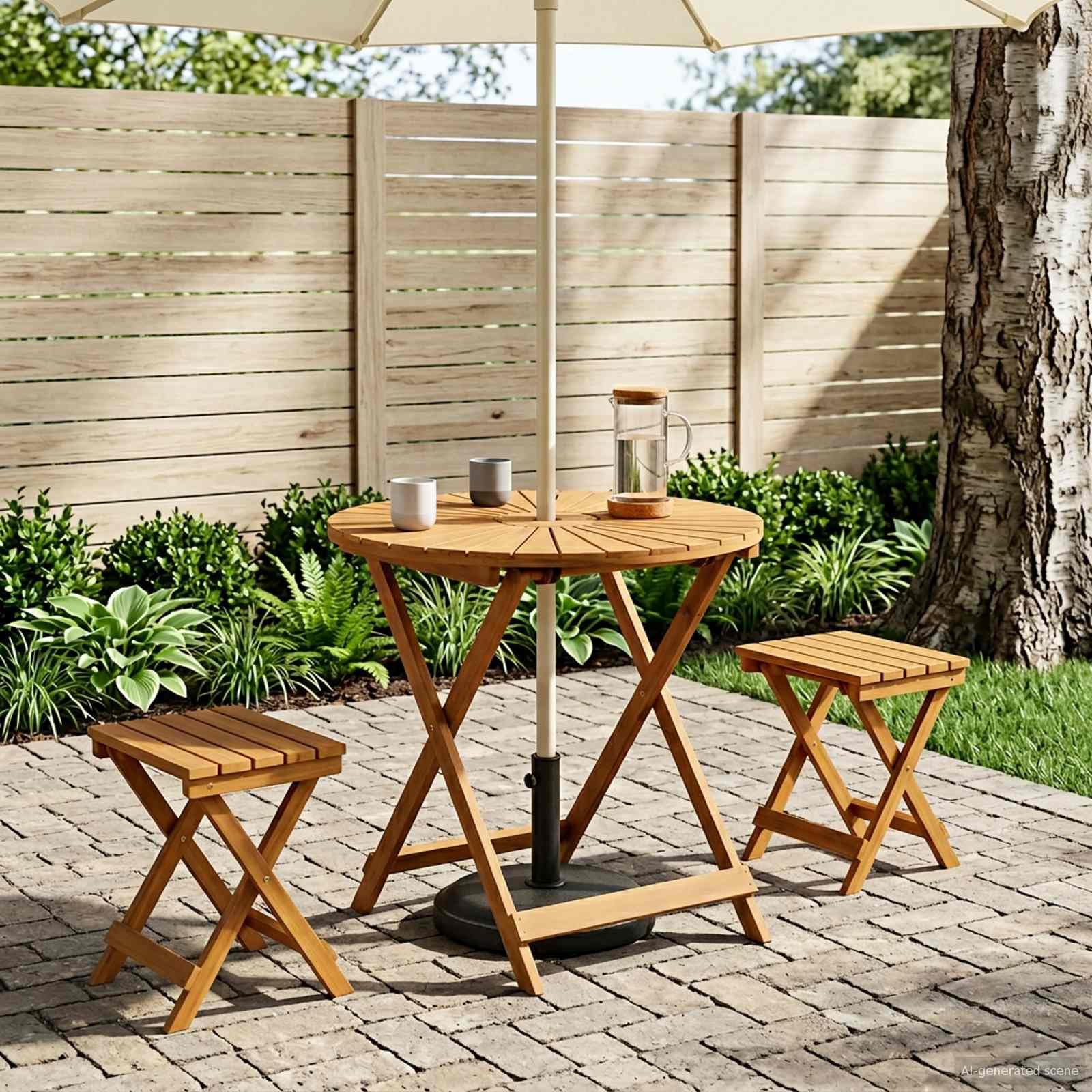 Tavolo da giardino pieghevole in legno di acacia massiccio naturale, rotondo, 70 x 75 cm, oliato, resistente alle intemperie, con foro per ombrellone e piano drenante dell'acqua, per