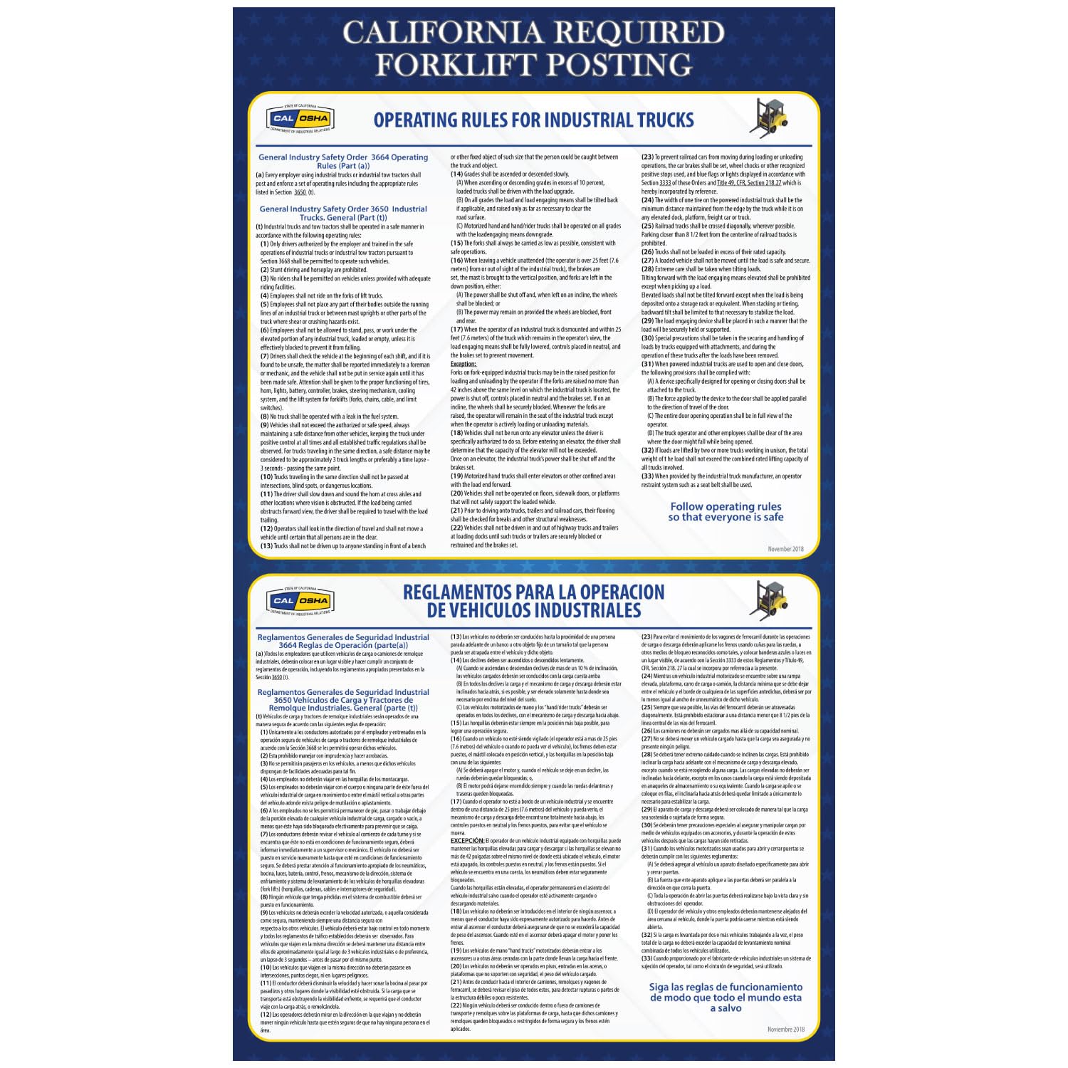 California Required Forklift Posting - Federal and OSHA Workplace Compliant Laminated Rules Poster - Spanish English Version - 16" x 28"