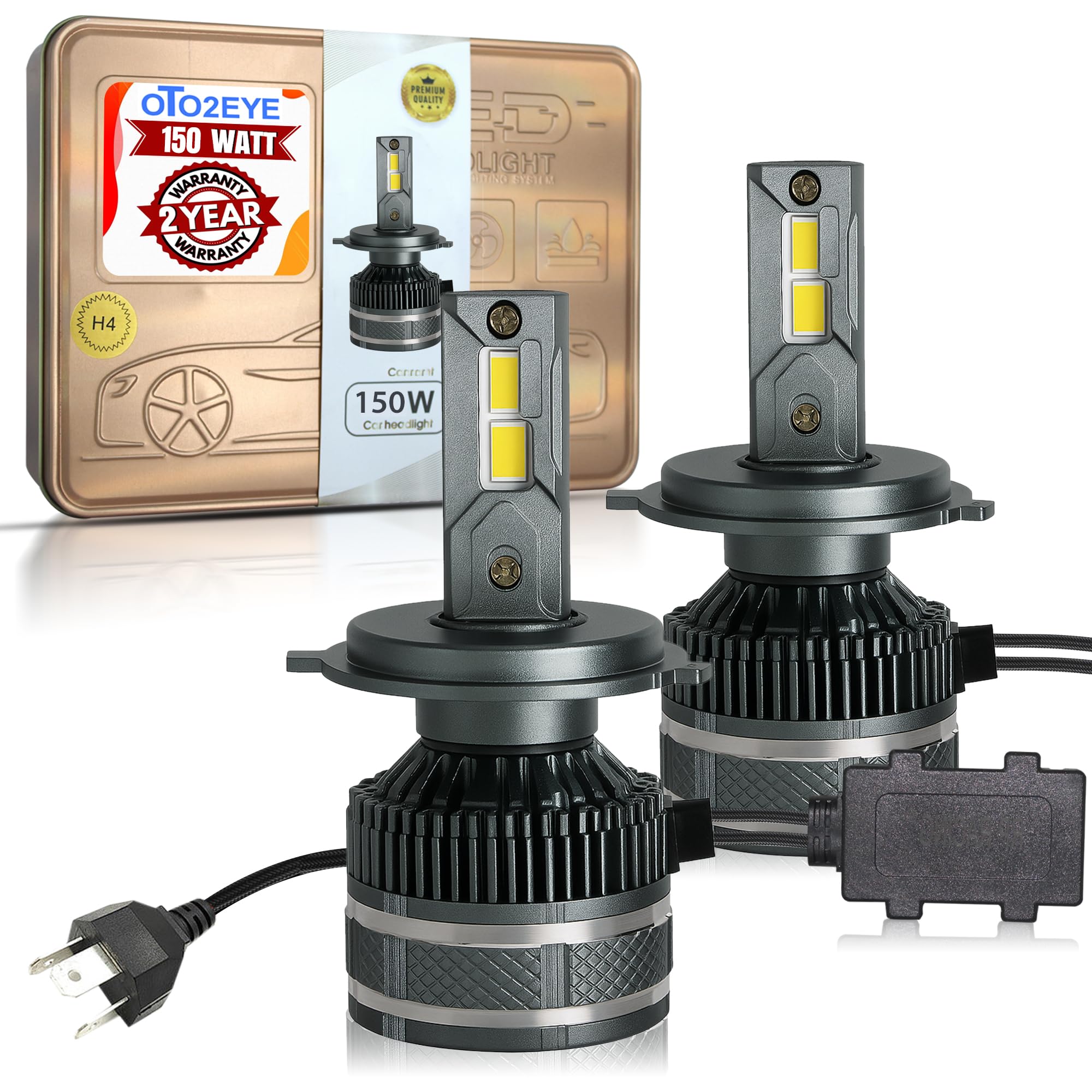 oto2eye super bright h4 led car headlight bulbs hi & lo beam 12000lm 6500k, 100w, led headlight auto conversion driving lamp with 2 years warranty (cool white) (100w, h4)