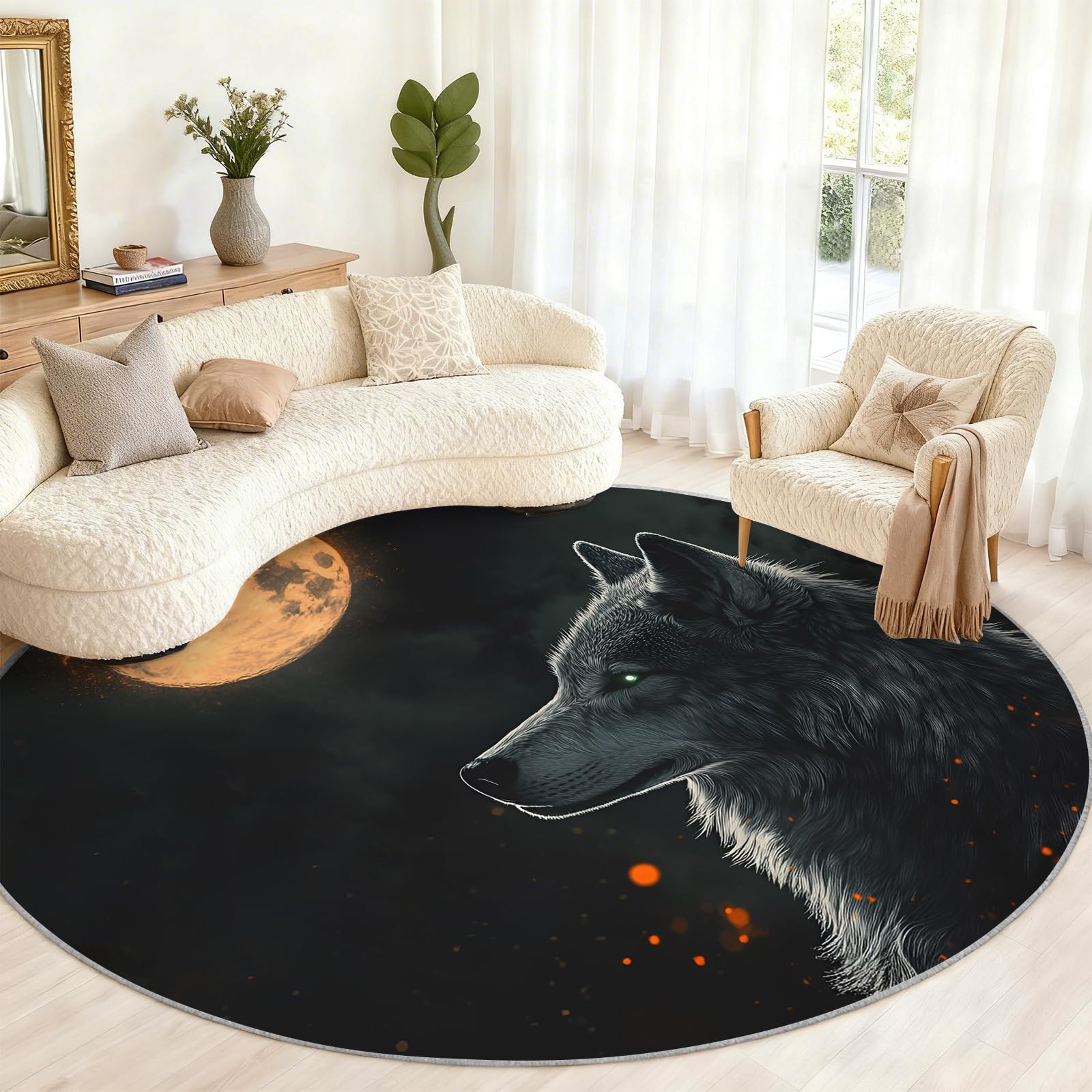 Tapis rond avec motif loup, pour salon, chambre à coucher, tapis lavable, antidérapant et antidérapant, au clair de lune
