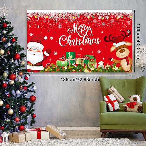 Miniatura 4 de Juego de decoraciones de fiesta de Navidad, incluye telón de fondo de Papá Noel, copos de nieve, ciervos, cubiertas de mesa, globos multicolor y