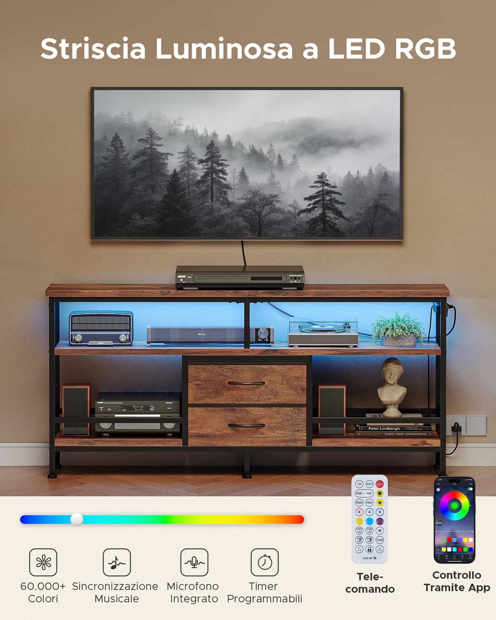 CO-Z 140 cm Mobile TV per 43-65 Pollici TV con Luci LED RGB Controllate da App e Prese di Corrente Rimovibile, Mobile Porta TV con Cassetti e Ripiani Aperti per Soggiorno, Camera da Letto (Marrone)