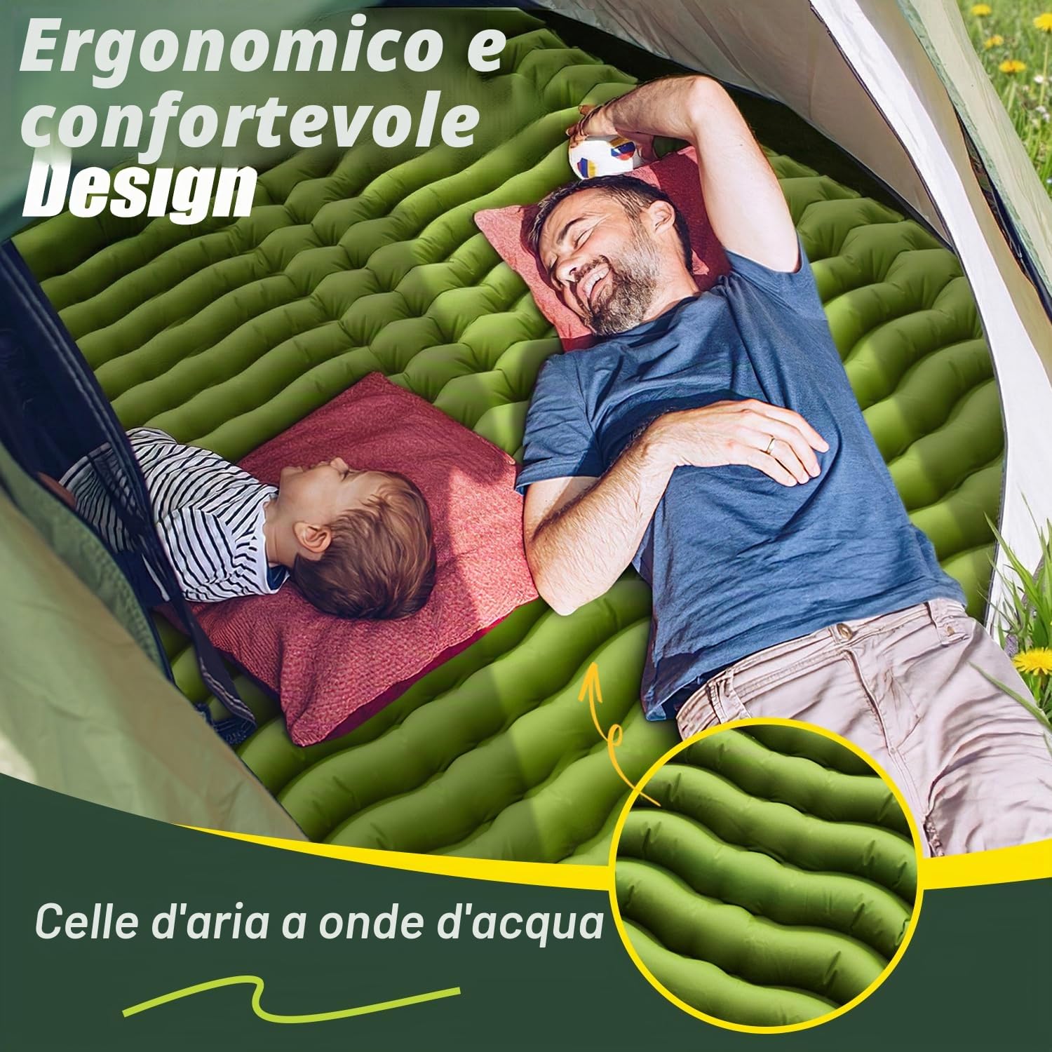 Yuzonc Materassino autogonfiante, doppio materasso da campeggio, ultraleggero, per 2 persone, gonfiabile, con pompa a pedale e cuscino per esterni, escursioni, tenda