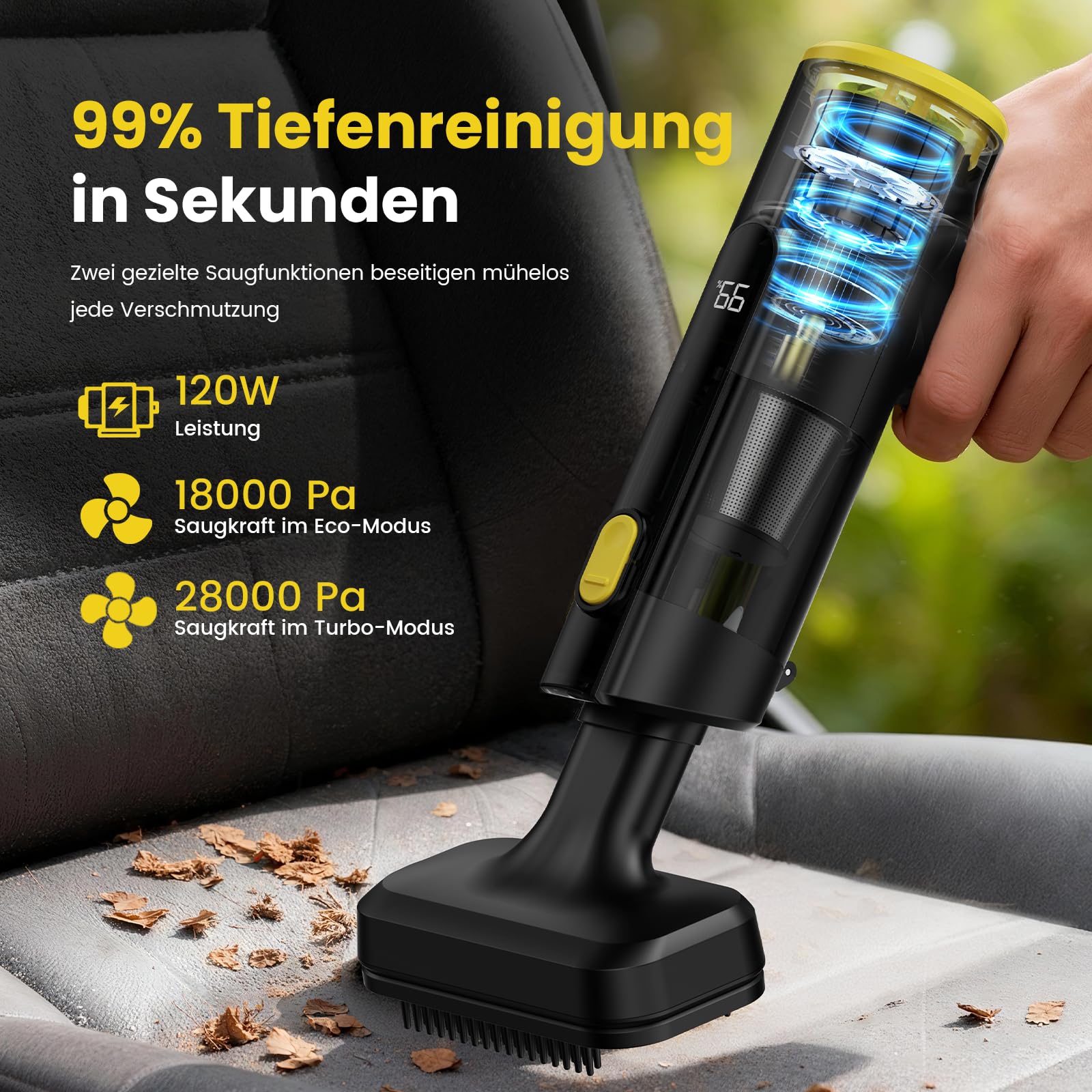 Handstaubsauger Akku Kabellos, 28000Pa Mini Autostaubsauger Stark Saugend, 7800mAh, 60 Min Laufzeit, 3-in-1 mit LED-Display und Bürstenlosem Motor für Auto, PC, Sofa, Küche