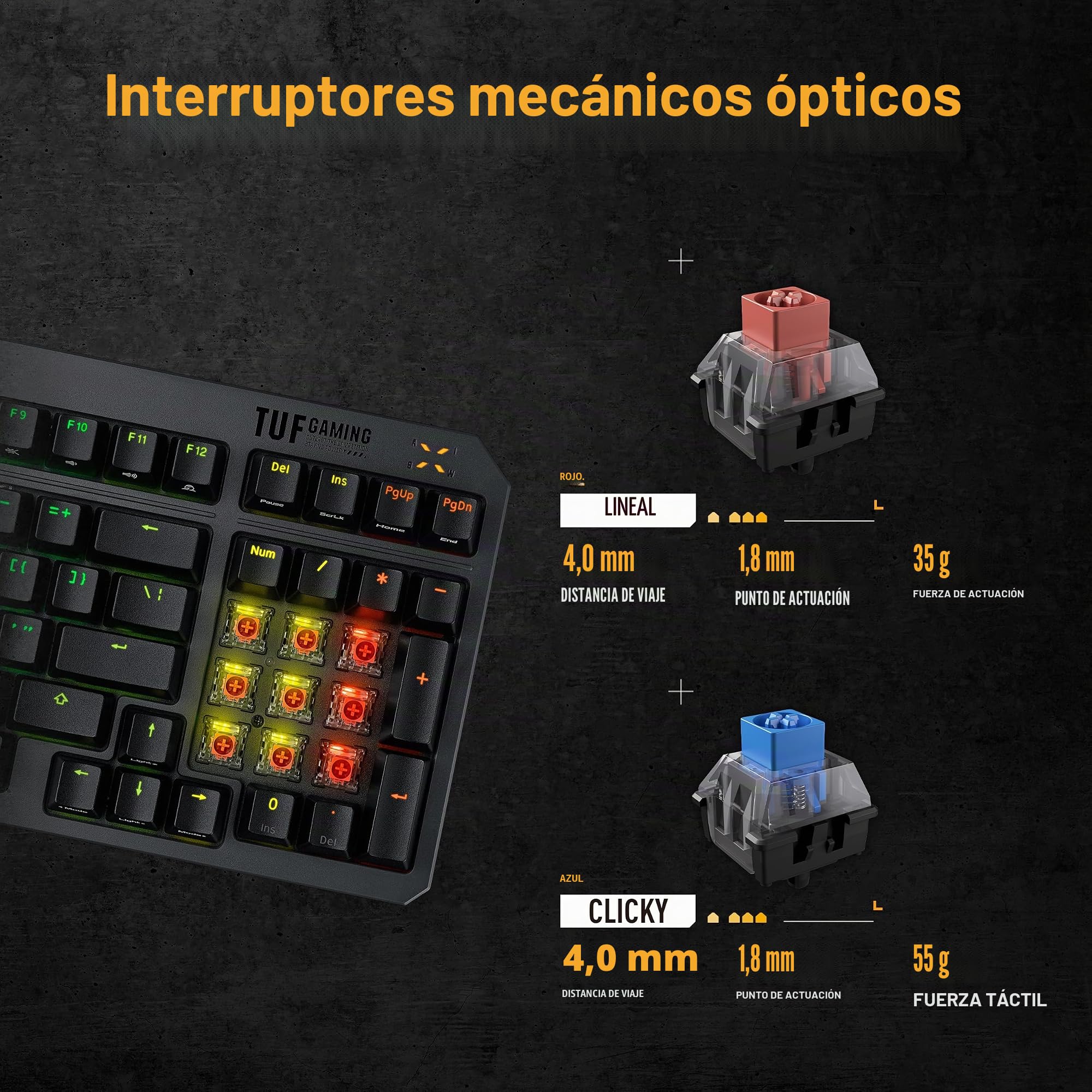 ASUS TUF Gaming K3 Gen II - Teclado Gaming Compacto de 97 Teclas, interruptores optomecánicos RGB, Junta de Silicona, Espuma amortiguadora, Sellado IP57, Placa Superior extraíble y Aura Sync, AZERTY