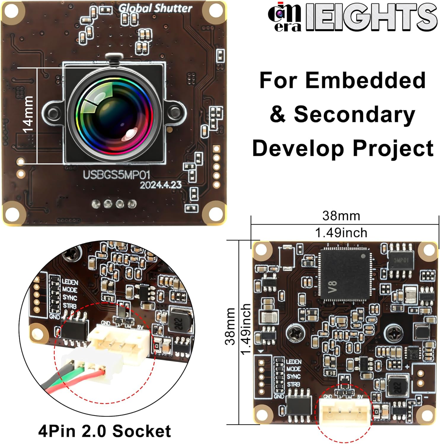 Webcamera usb 5mp Global Shutter USB Camera Module for Computer 60fps High Speed PC Camera Mini UVC USB2.0 Lightburn Camera for Laser Engraver Wide Angle Mini-Sized Webcam for Linux, Windows, Android