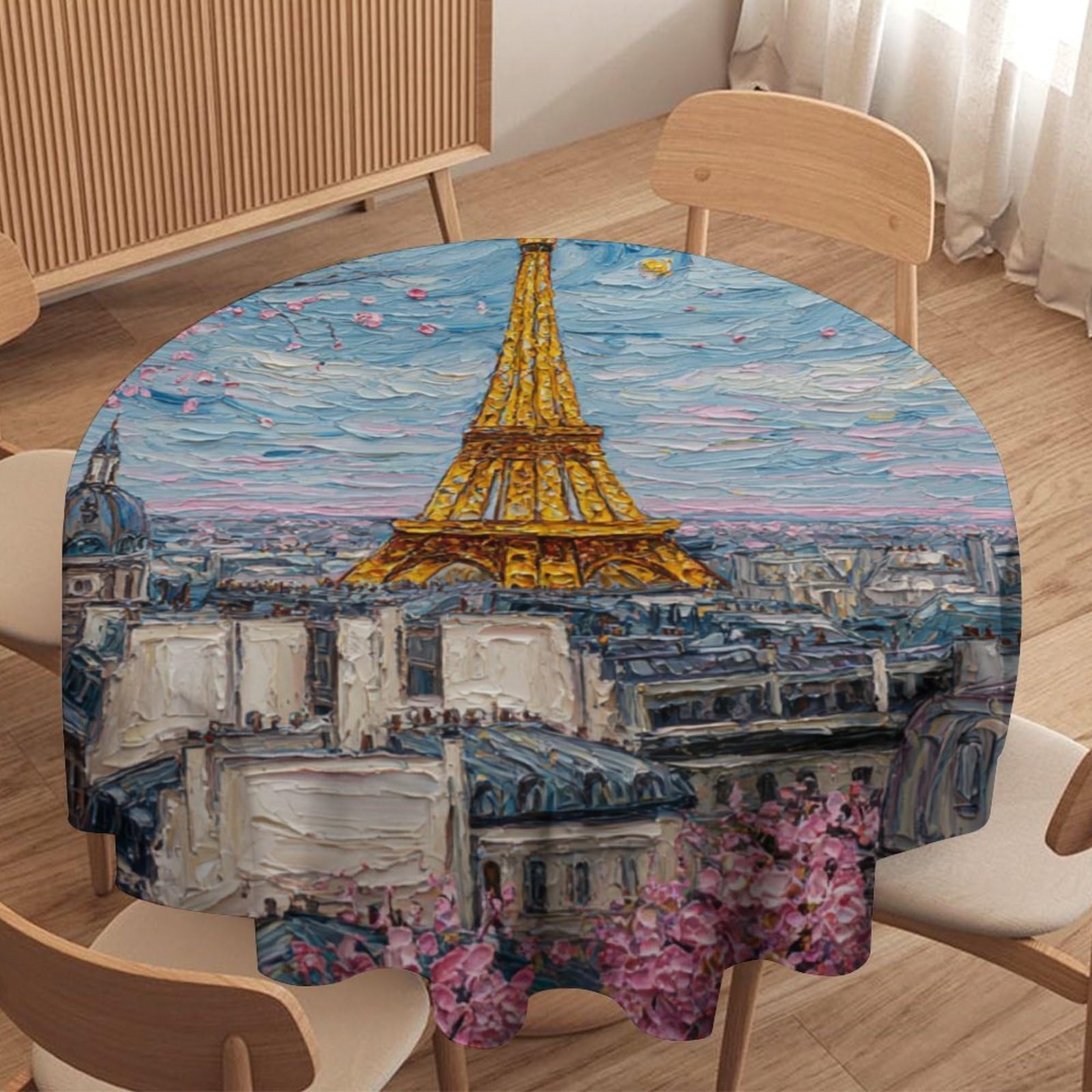 LUYYSKY Modern Classic Eiffel Tower Round Tablecloth Colorful Watercolor Outer Space Galaxy Paris Tower Cherry Blossom Tree Washable Decor for Table Cover for Kitchen-177.8" Wx177.8 L cm