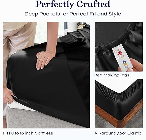 Vista 327 de Juego de sábanas de 400 hilos y 6 piezas, tamaño King, con 4 fundas de almohada, ropa de cama de 100 % algodón con tejido satinado, color azul 12