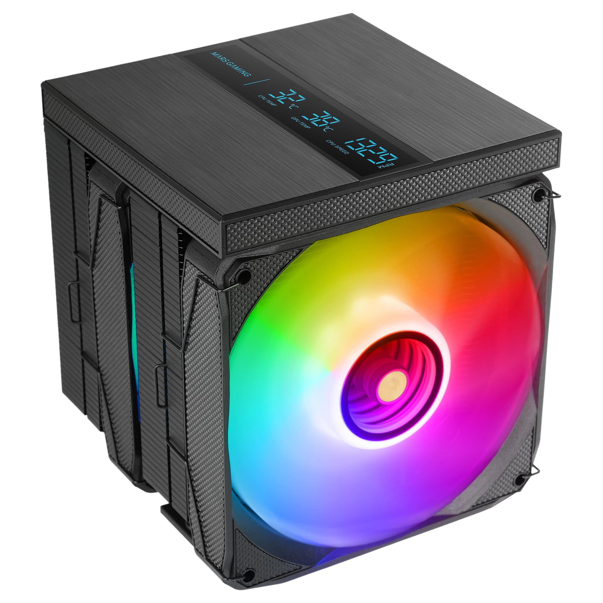 Mars Gaming MCPU-LCDPRO, Podwójny wieżowy radiator CPU 380W TDP, 8x Heatpipes HCT, 2x Wentylatory 120mm PWM FDB, Duży ekran LCD, Oświetlenie ARGB Infinity Mirror, Kompatybilność z Intel i AMD, Czarny